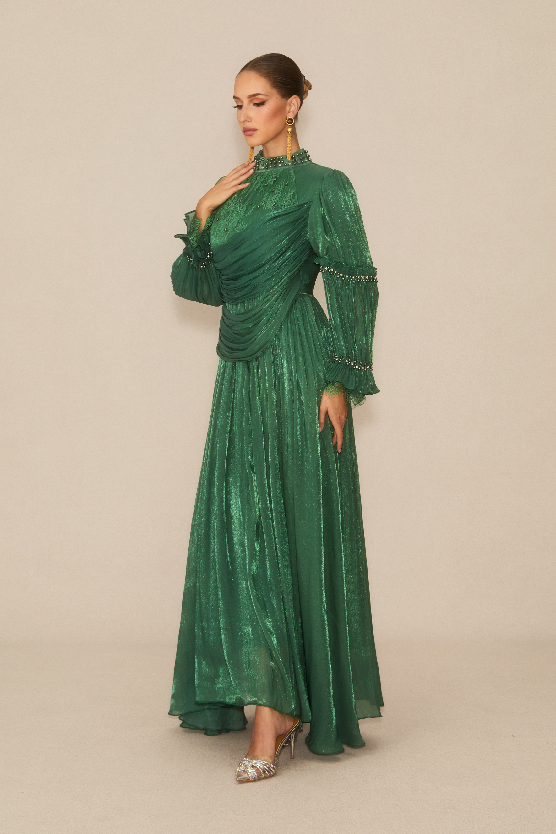 Aurelia Beaded Trim Long Sleeve Maxi Dress