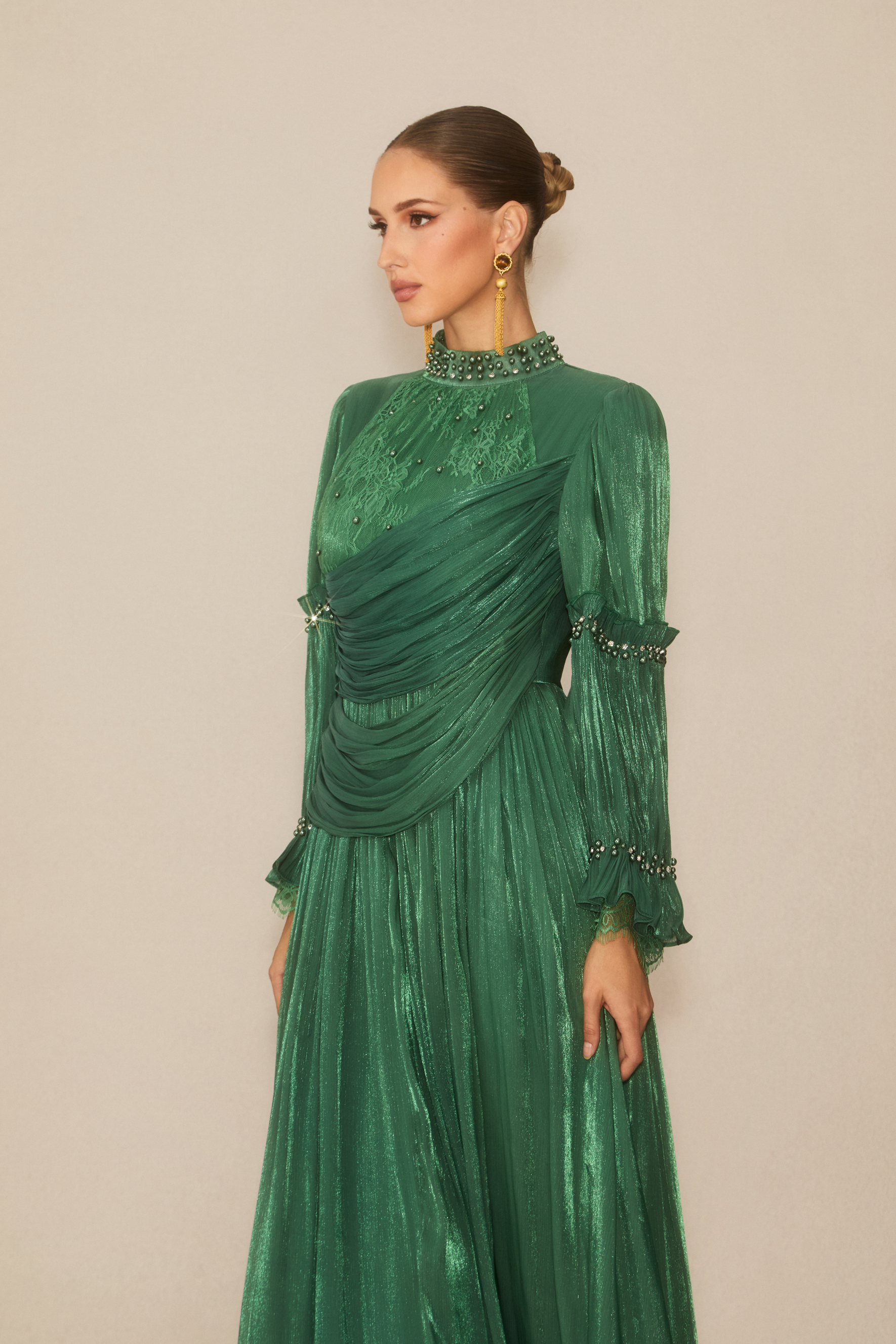 Aurelia Beaded Trim Long Sleeve Maxi Dress