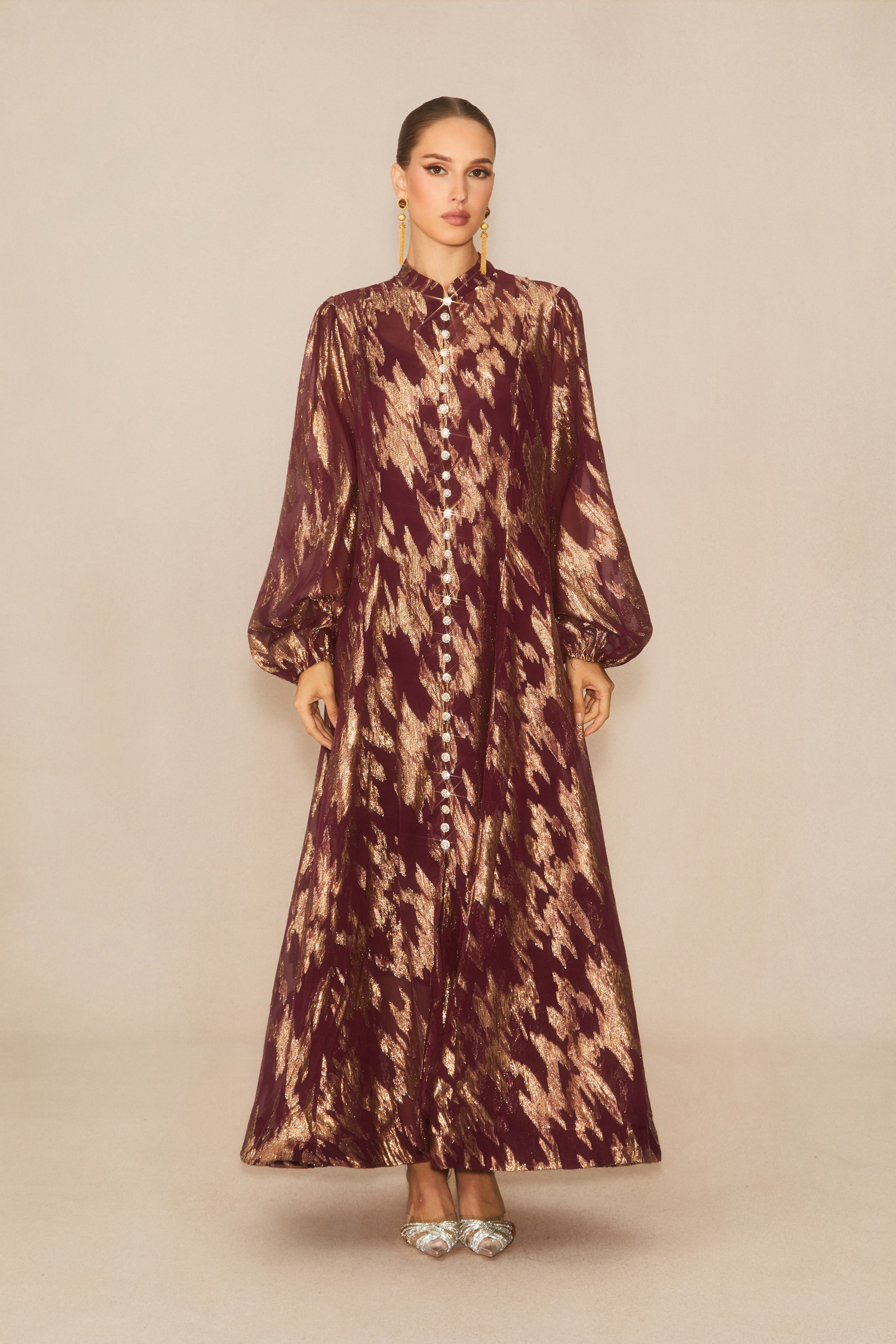 Aitana Metallic Print Puff Sleeve Maxi Dress