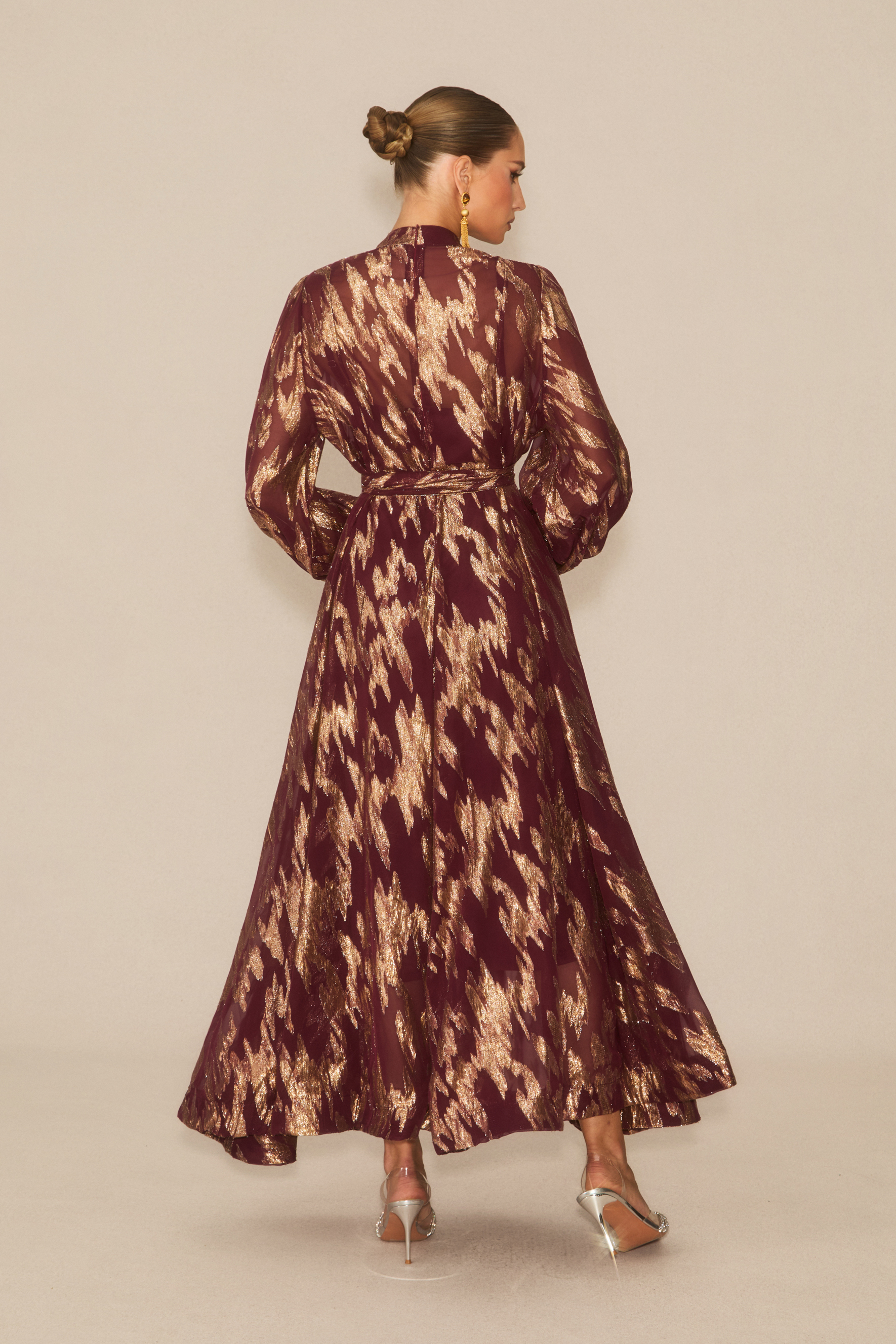 Aitana Metallic Print Puff Sleeve Maxi Dress