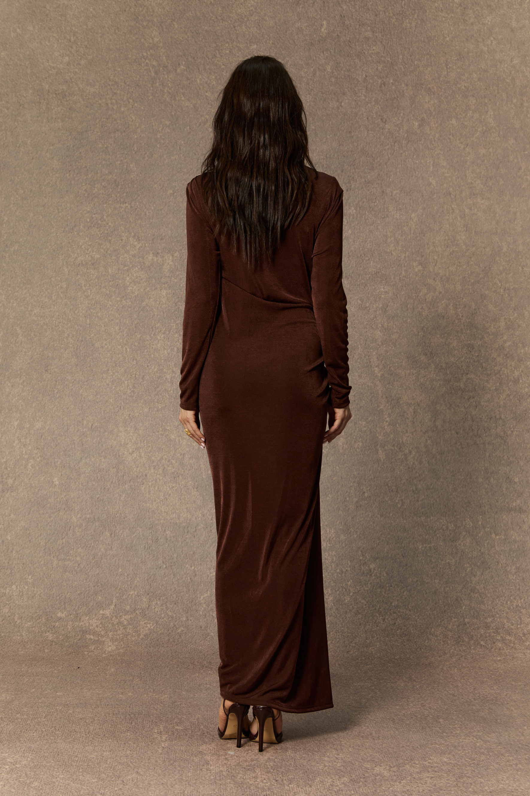 Effortlessly Stunning Brown Asymmetric Ruched Maxi Dress