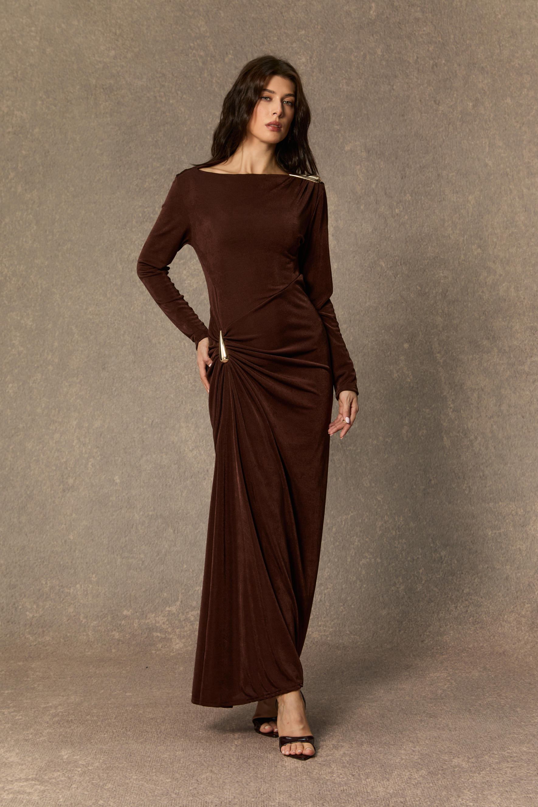 Effortlessly Stunning Brown Asymmetric Ruched Maxi Dress
