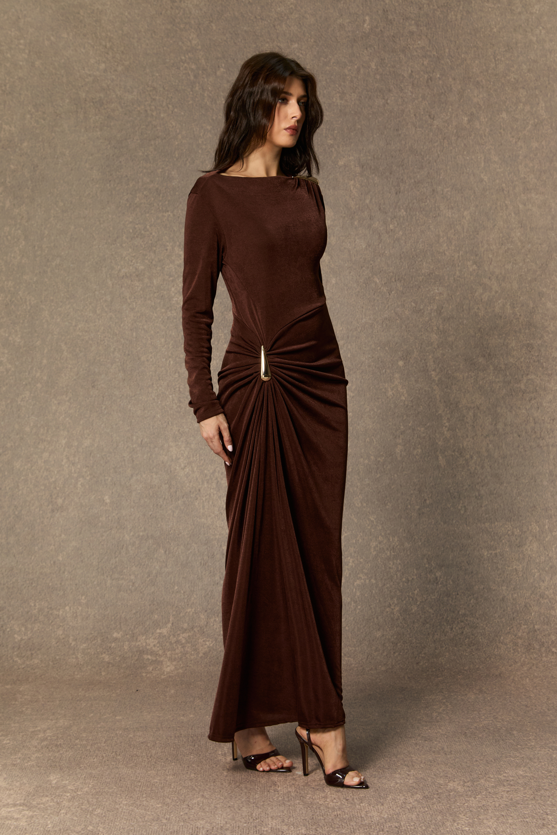 Effortlessly Stunning Brown Asymmetric Ruched Maxi Dress