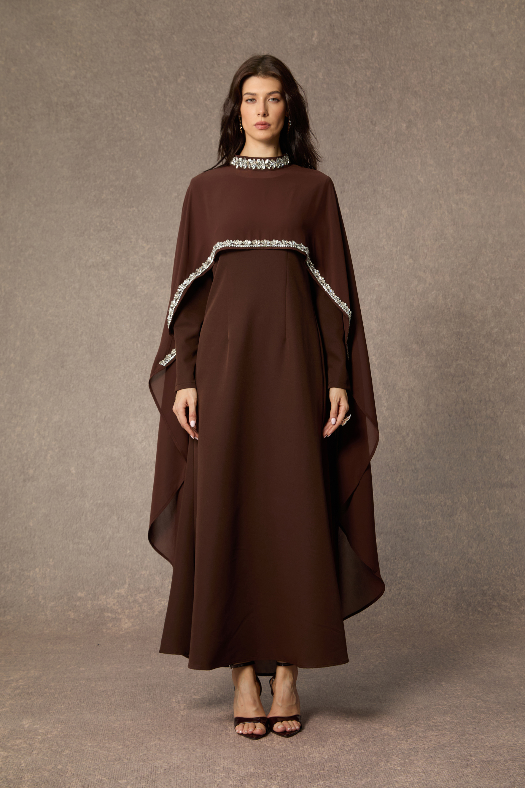 Classic Elegance Brown Crystal Trim Cape Maxi Dress
