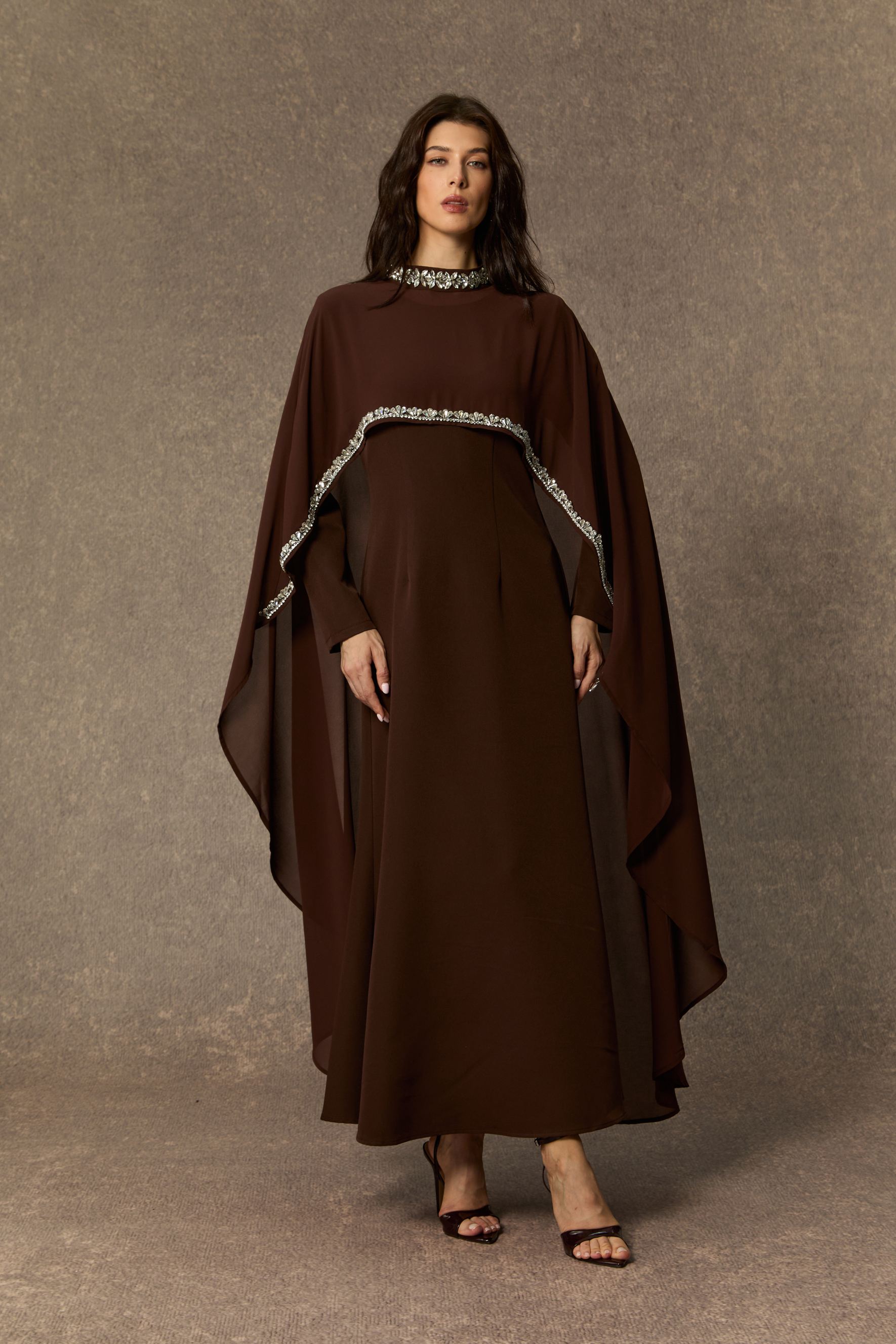 Classic Elegance Brown Crystal Trim Cape Maxi Dress