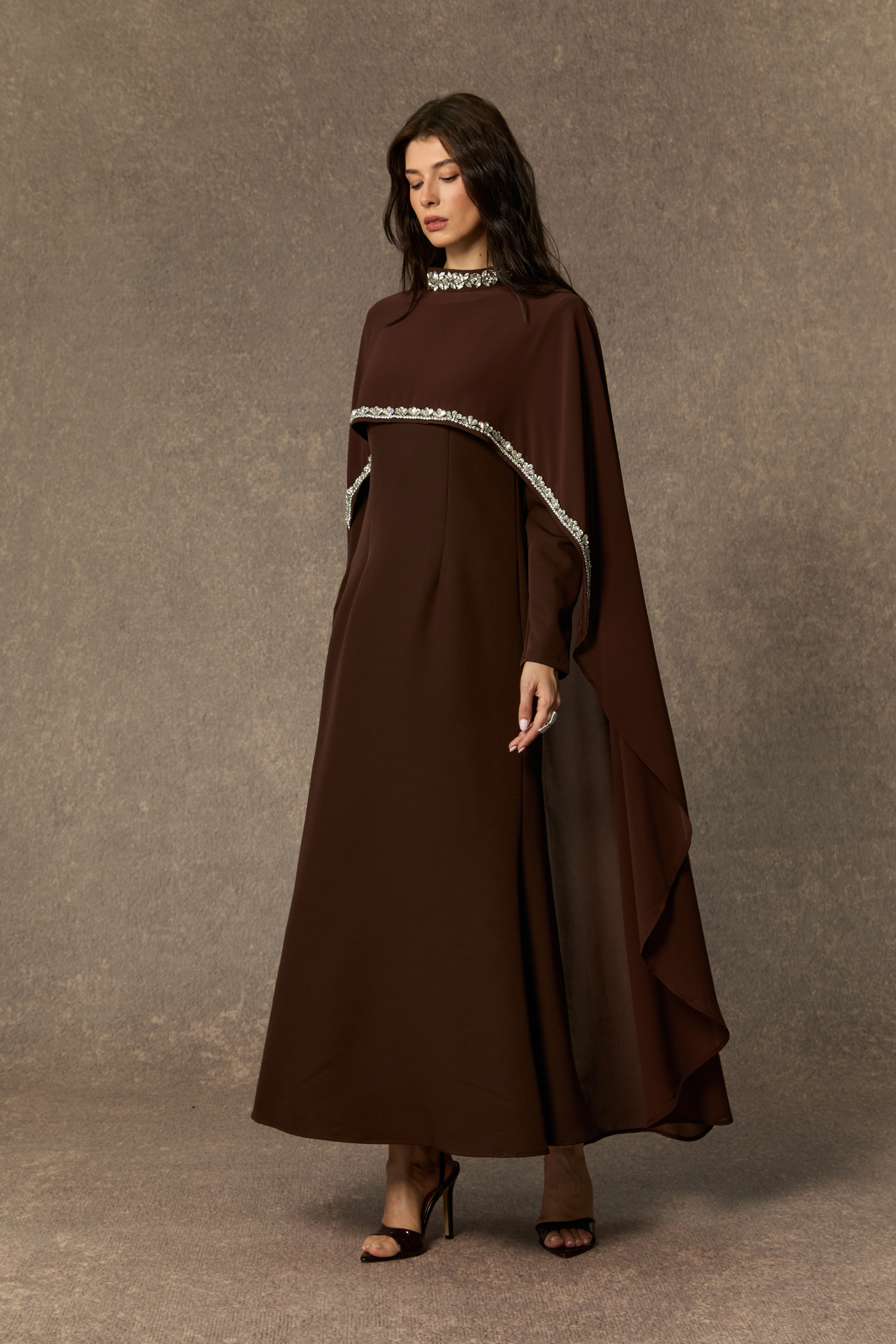 Classic Elegance Brown Crystal Trim Cape Maxi Dress