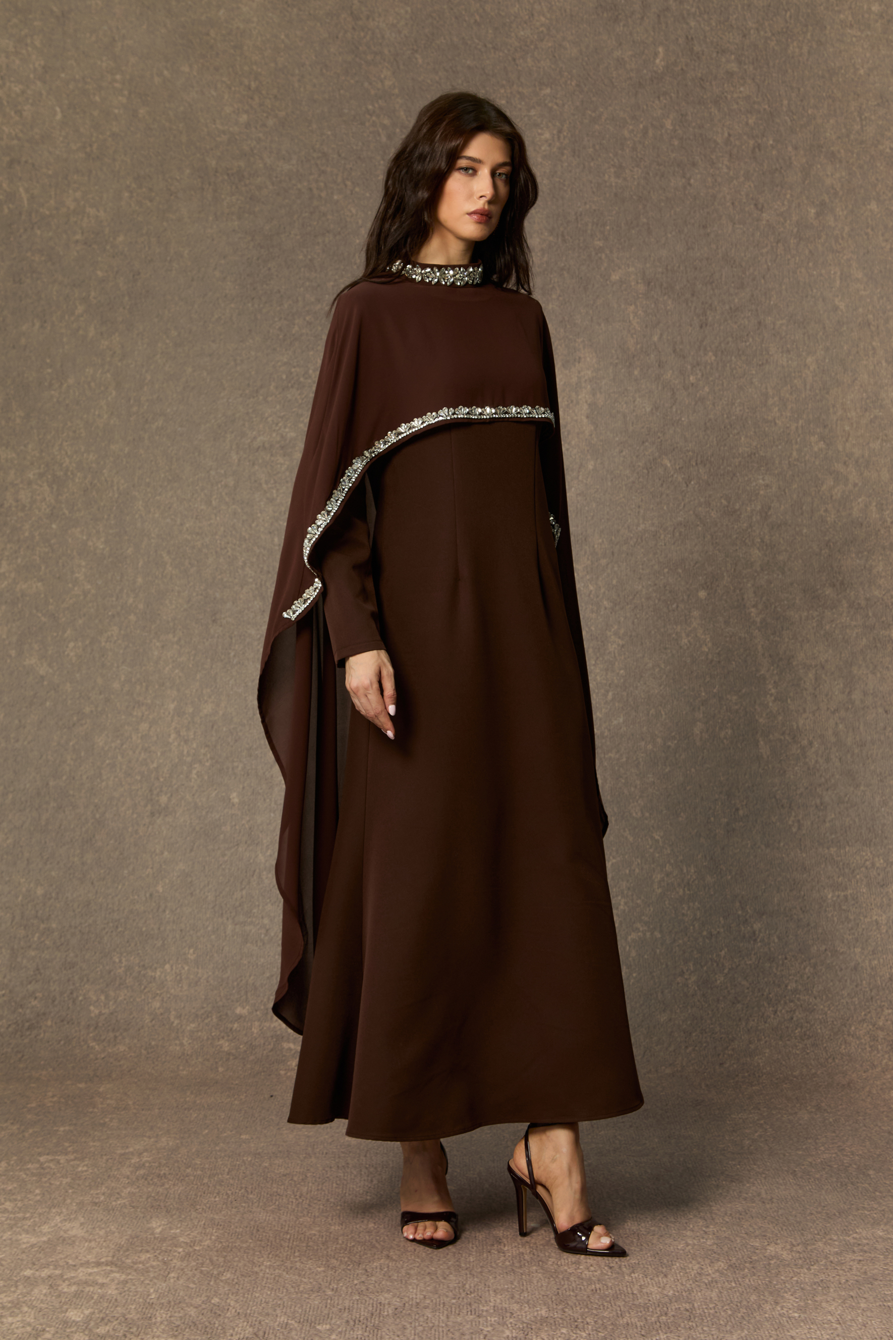 Classic Elegance Brown Crystal Trim Cape Maxi Dress