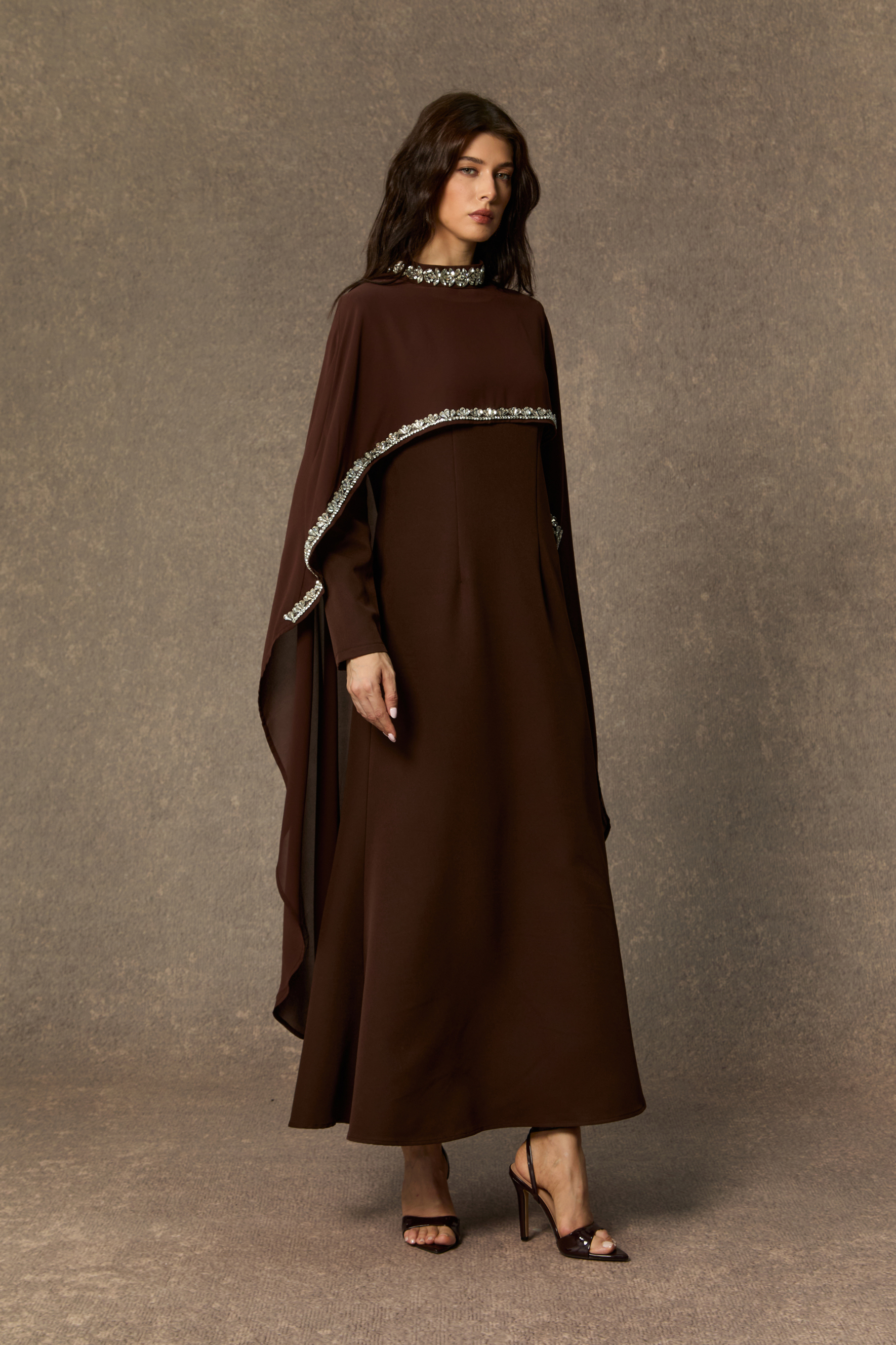 Classic Elegance Brown Crystal Trim Cape Maxi Dress