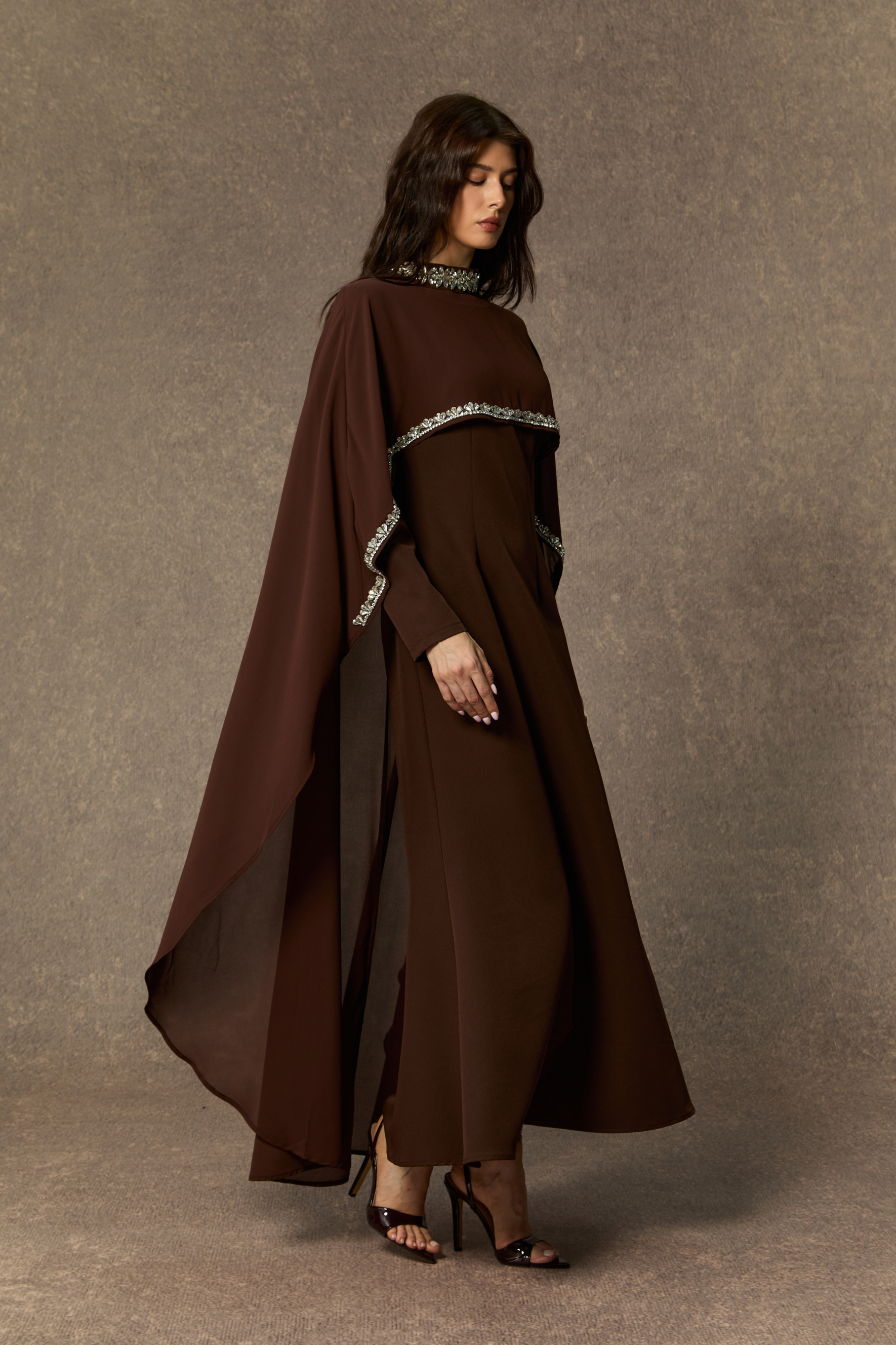 Classic Elegance Brown Crystal Trim Cape Maxi Dress