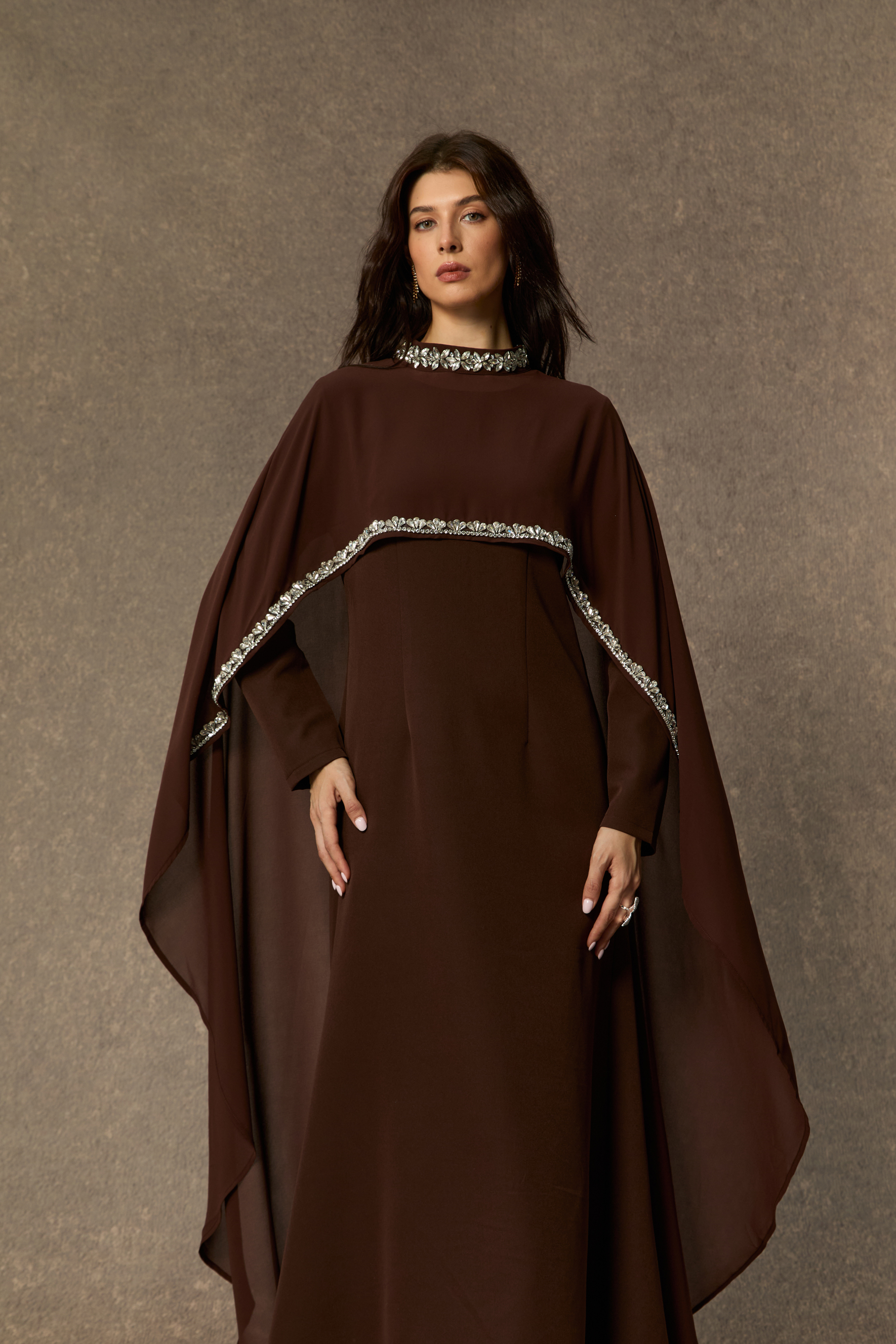 Classic Elegance Brown Crystal Trim Cape Maxi Dress