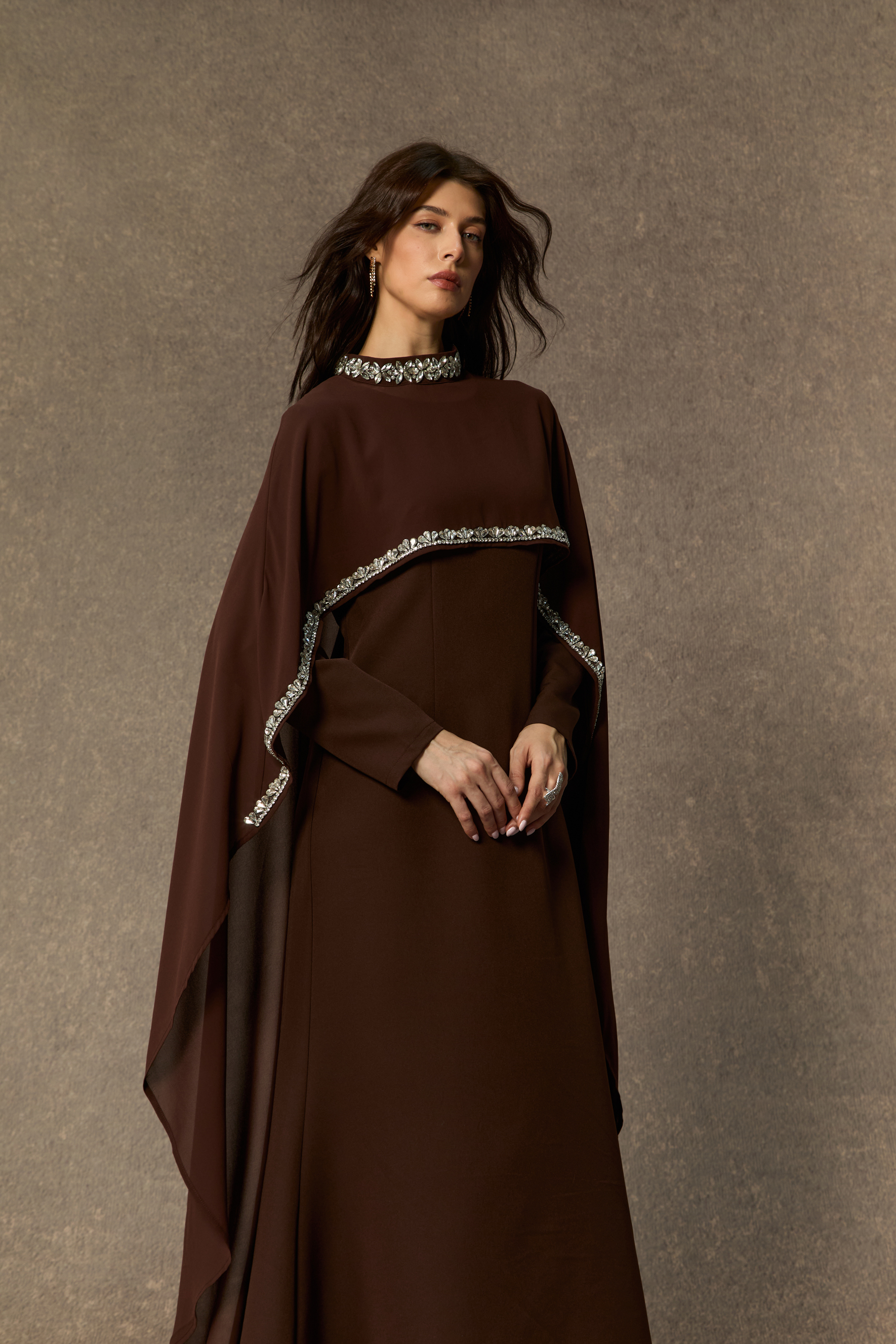 Classic Elegance Brown Crystal Trim Cape Maxi Dress