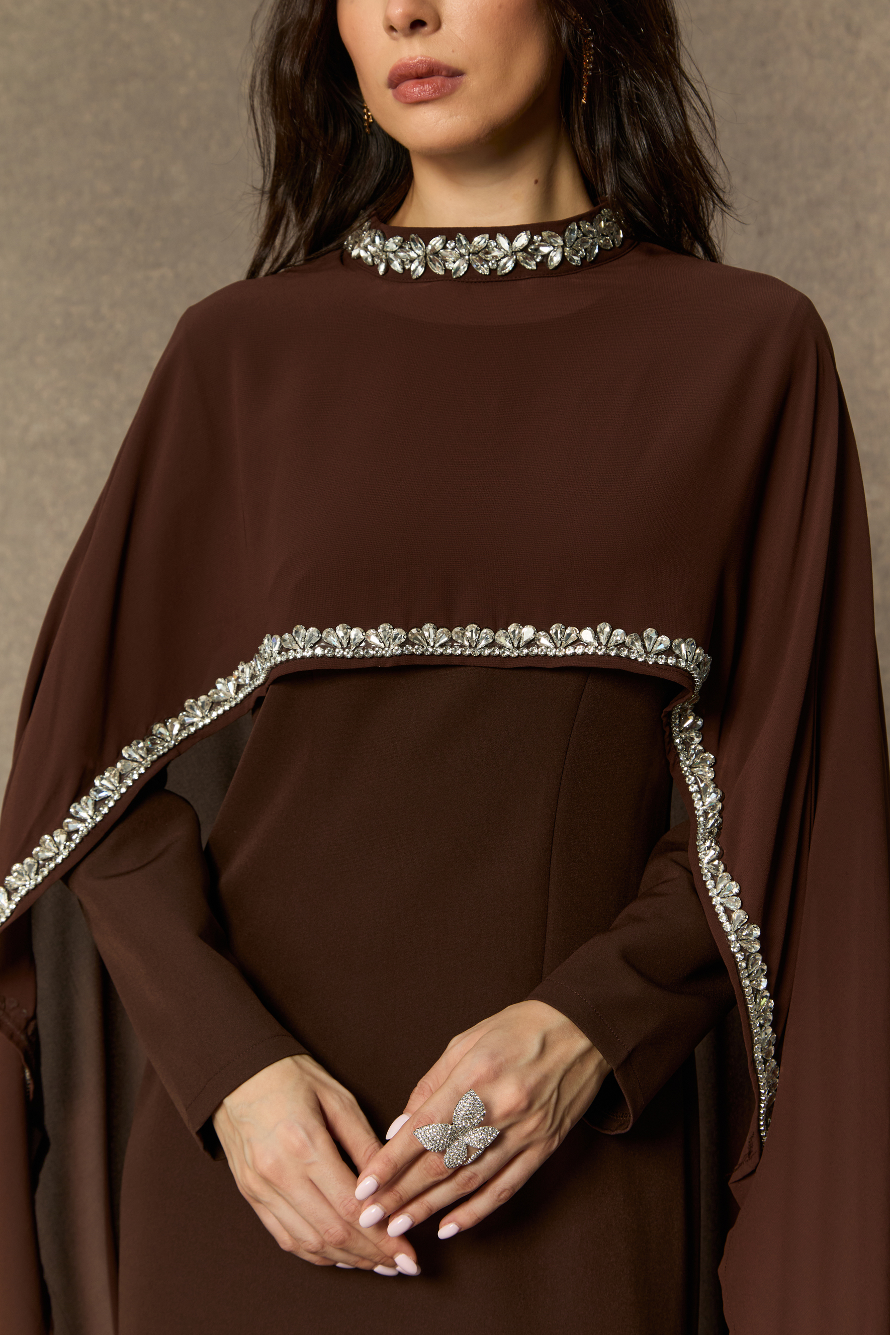 Classic Elegance Brown Crystal Trim Cape Maxi Dress