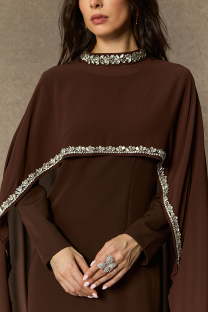 Classic Elegance Brown Crystal Trim Cape Maxi Dress