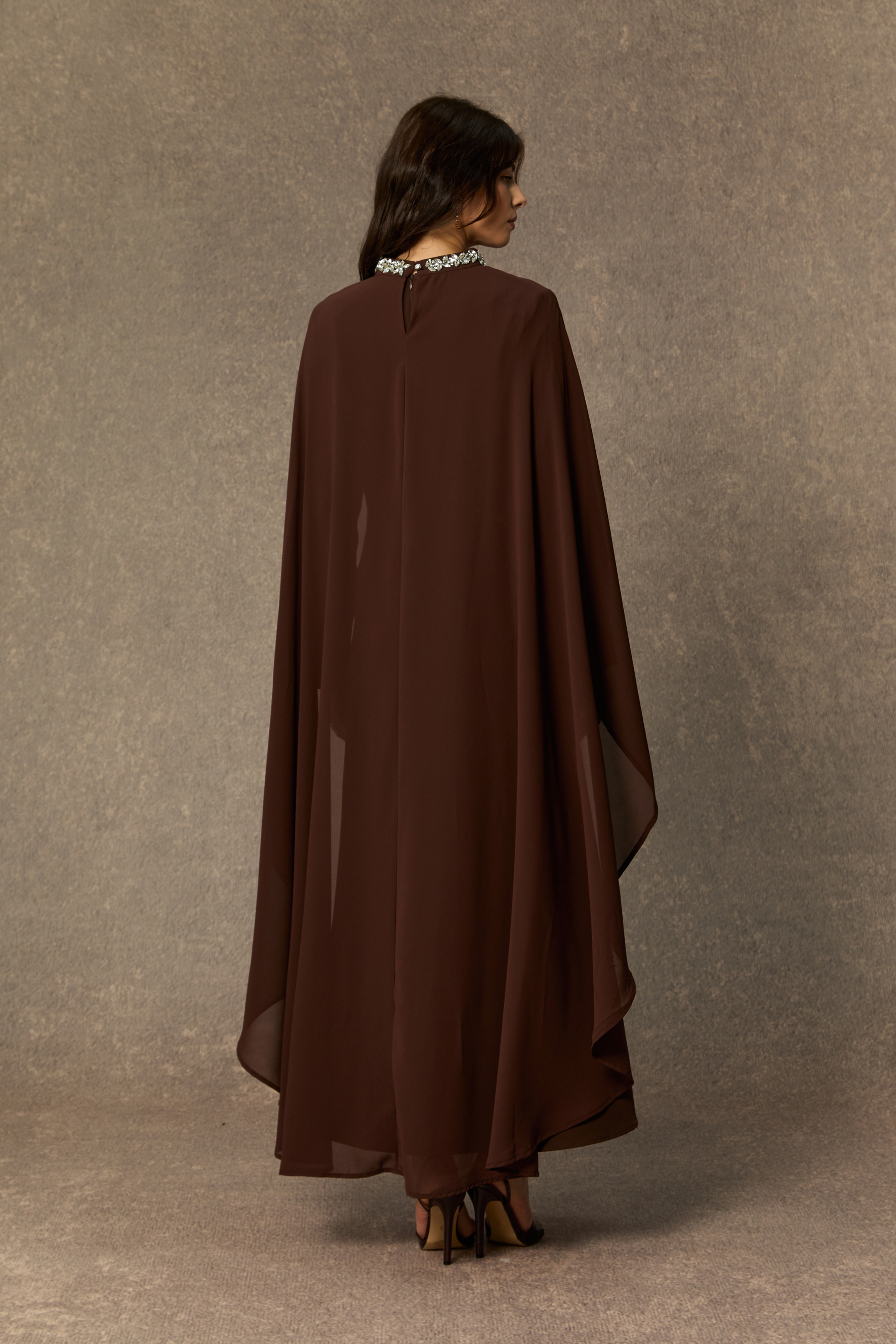 Classic Elegance Brown Crystal Trim Cape Maxi Dress