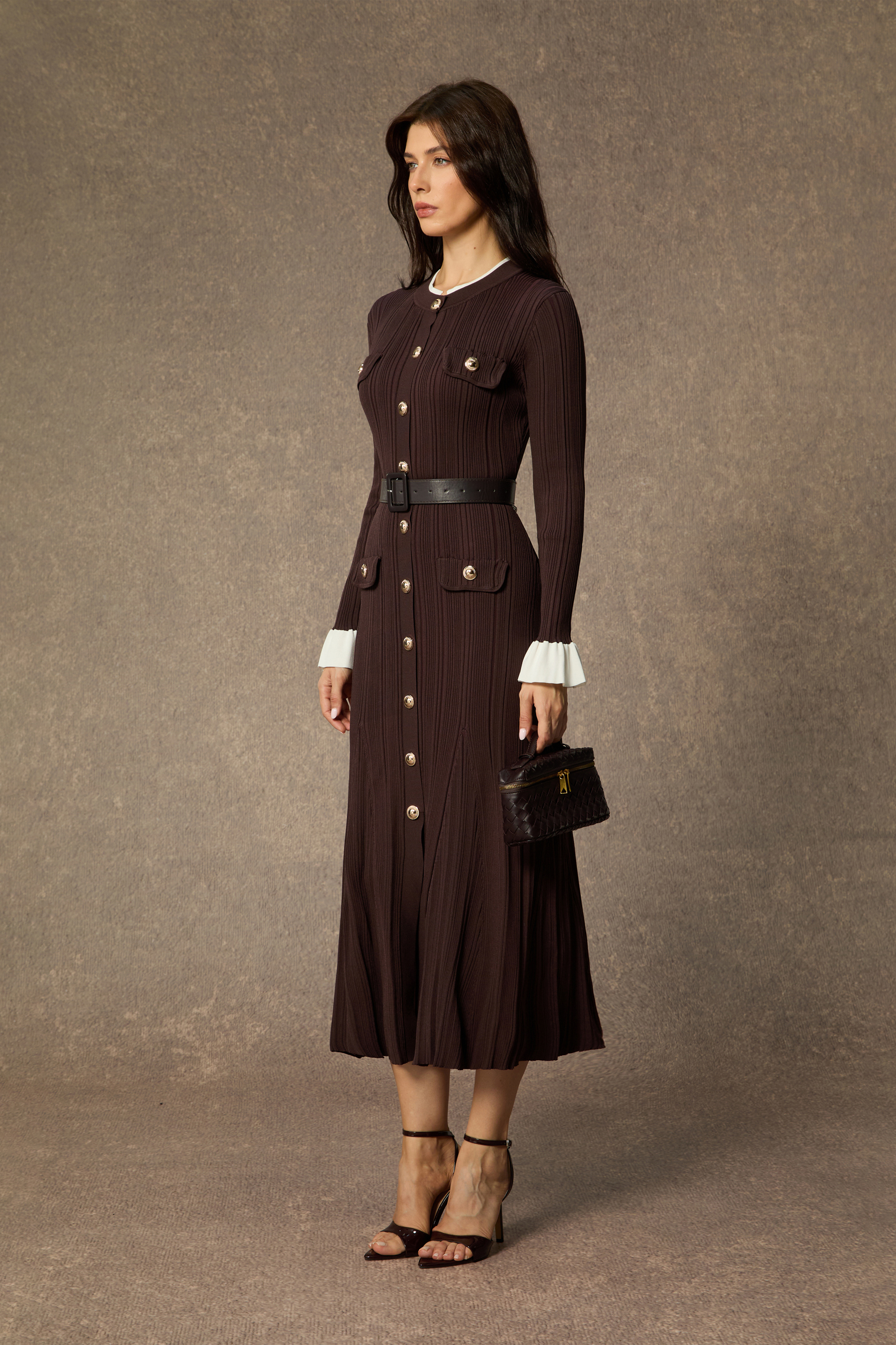 Autumn Luxe Brown Contrast Trim Ruffle Midi Dress