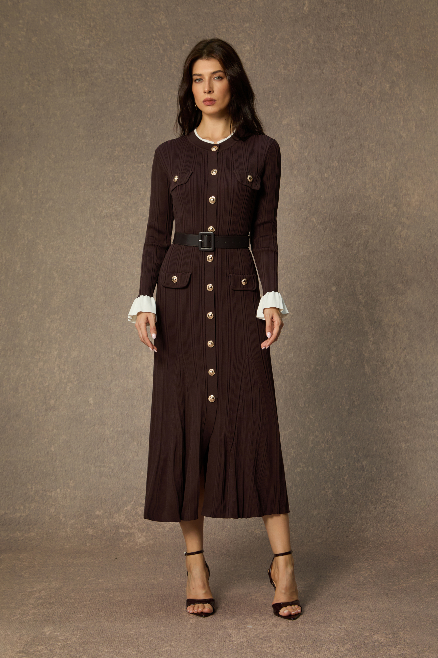 Autumn Luxe Brown Contrast Trim Ruffle Midi Dress