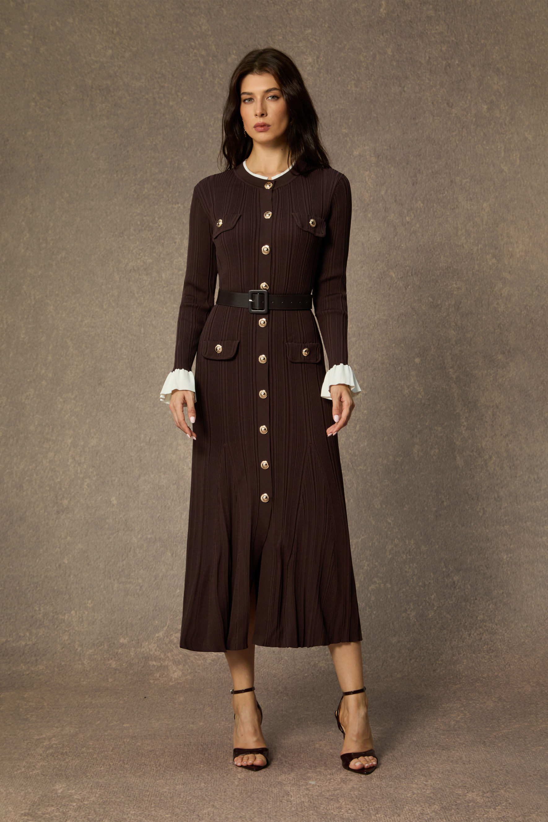 Autumn Luxe Brown Contrast Trim Ruffle Midi Dress
