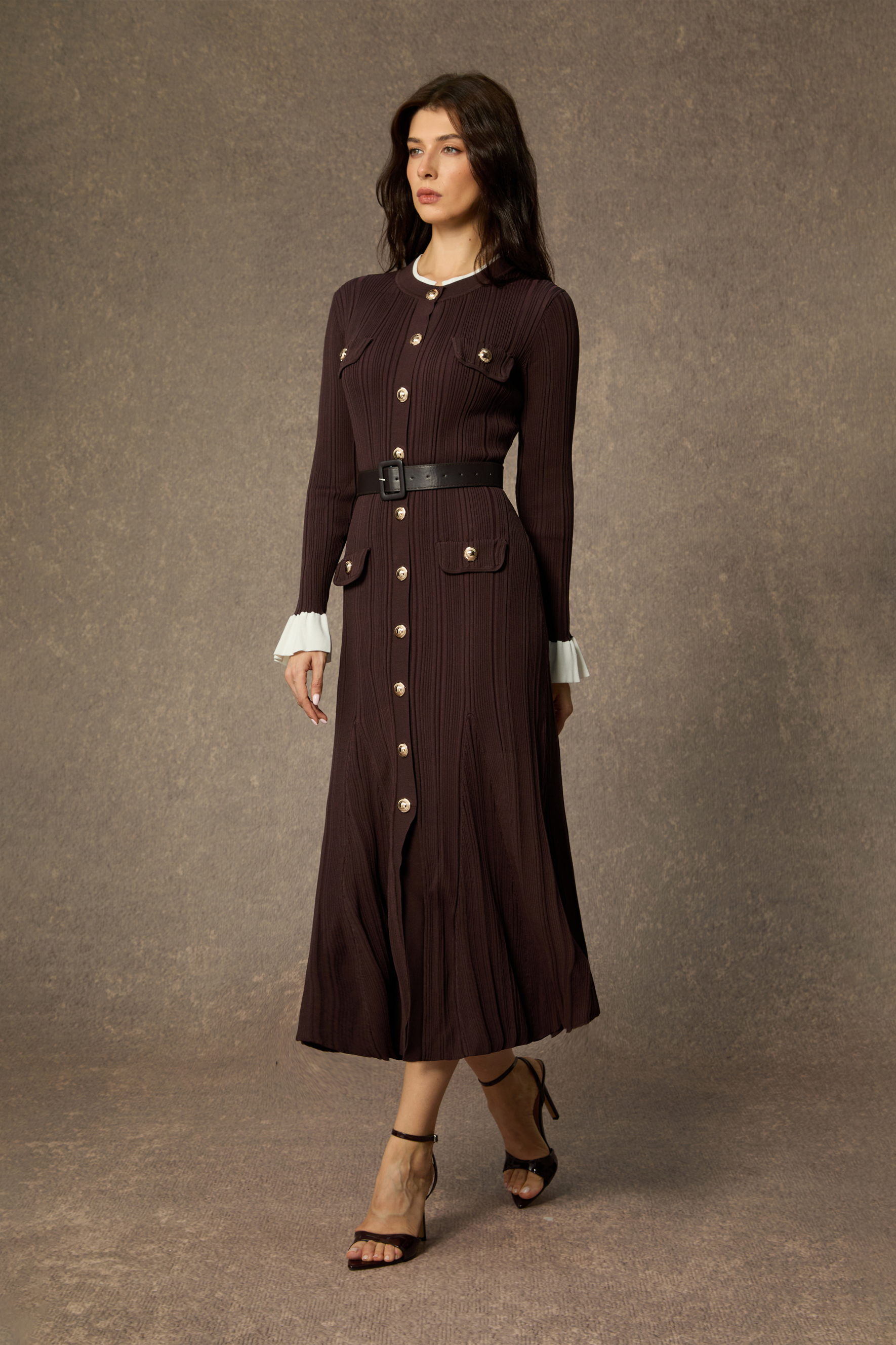 Autumn Luxe Brown Contrast Trim Ruffle Midi Dress