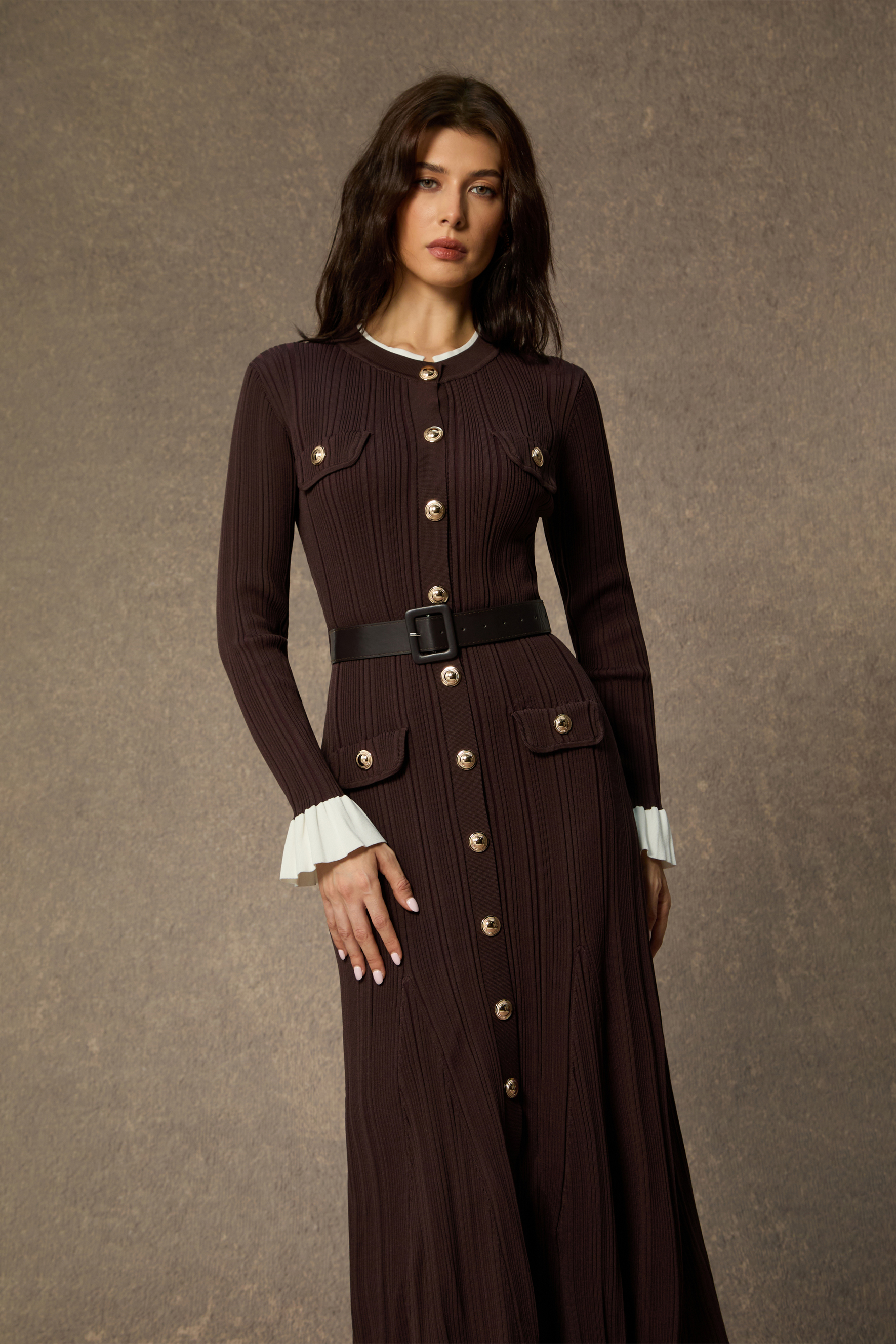 Autumn Luxe Brown Contrast Trim Ruffle Midi Dress
