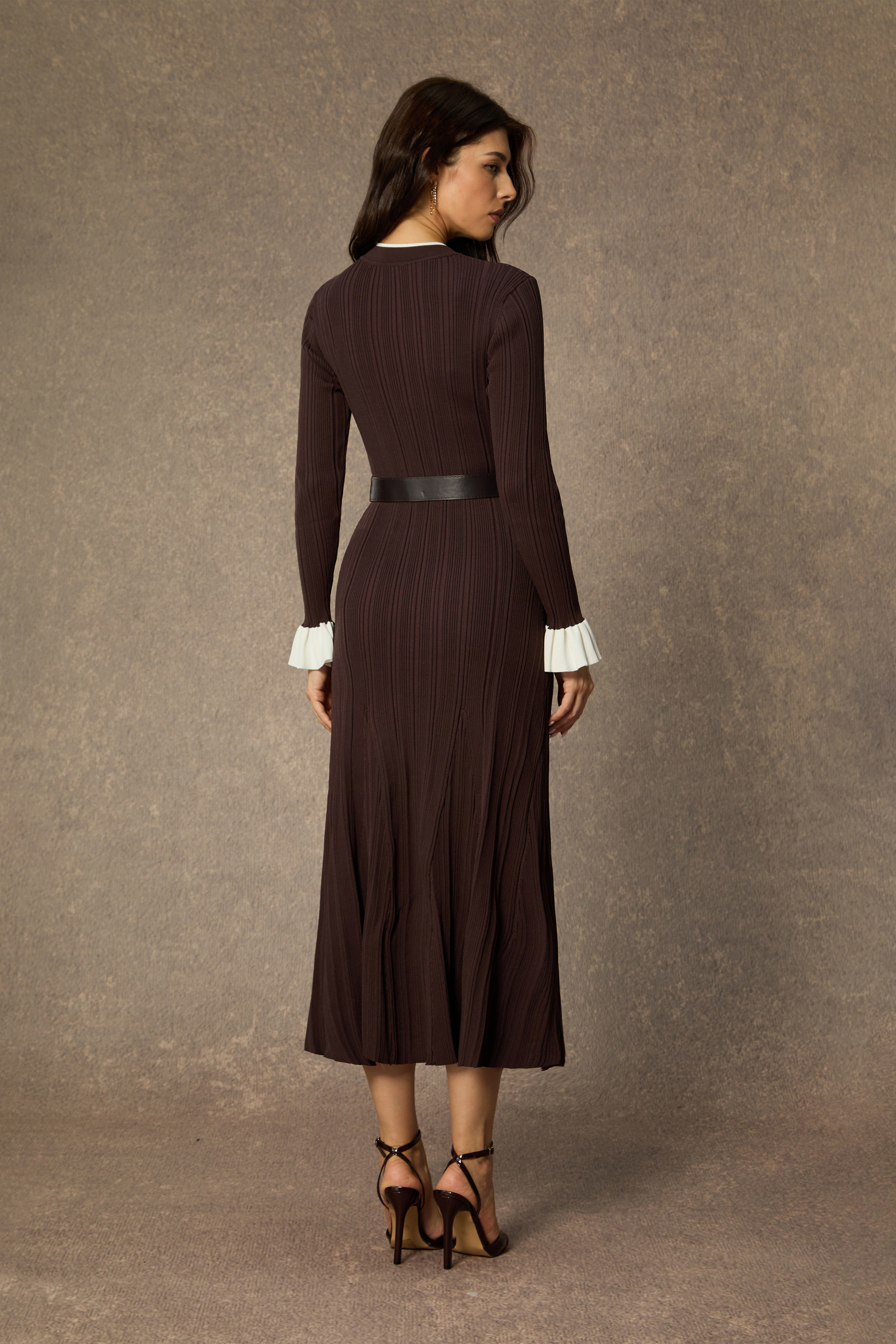 Autumn Luxe Brown Contrast Trim Ruffle Midi Dress