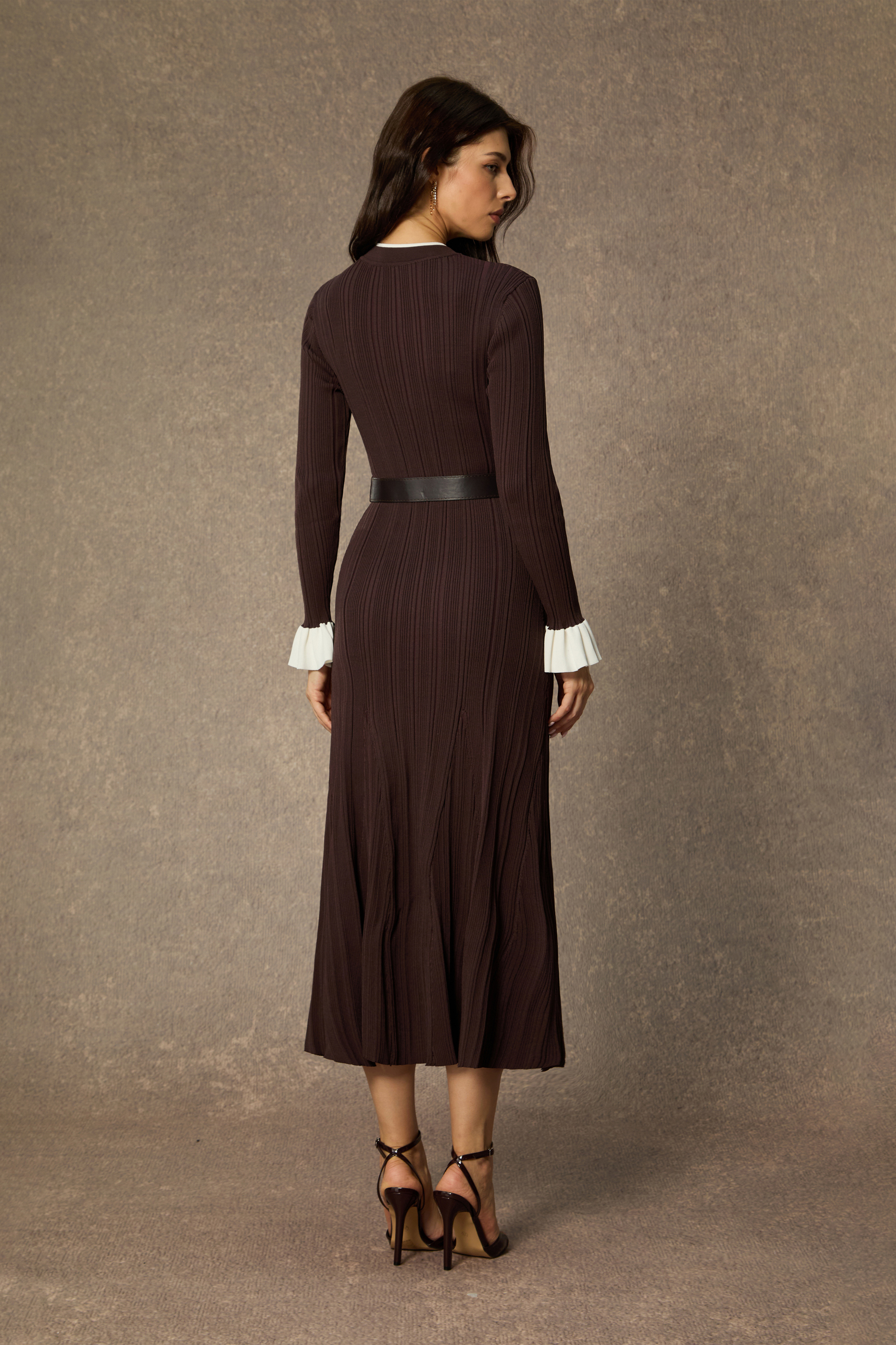 Autumn Luxe Brown Contrast Trim Ruffle Midi Dress