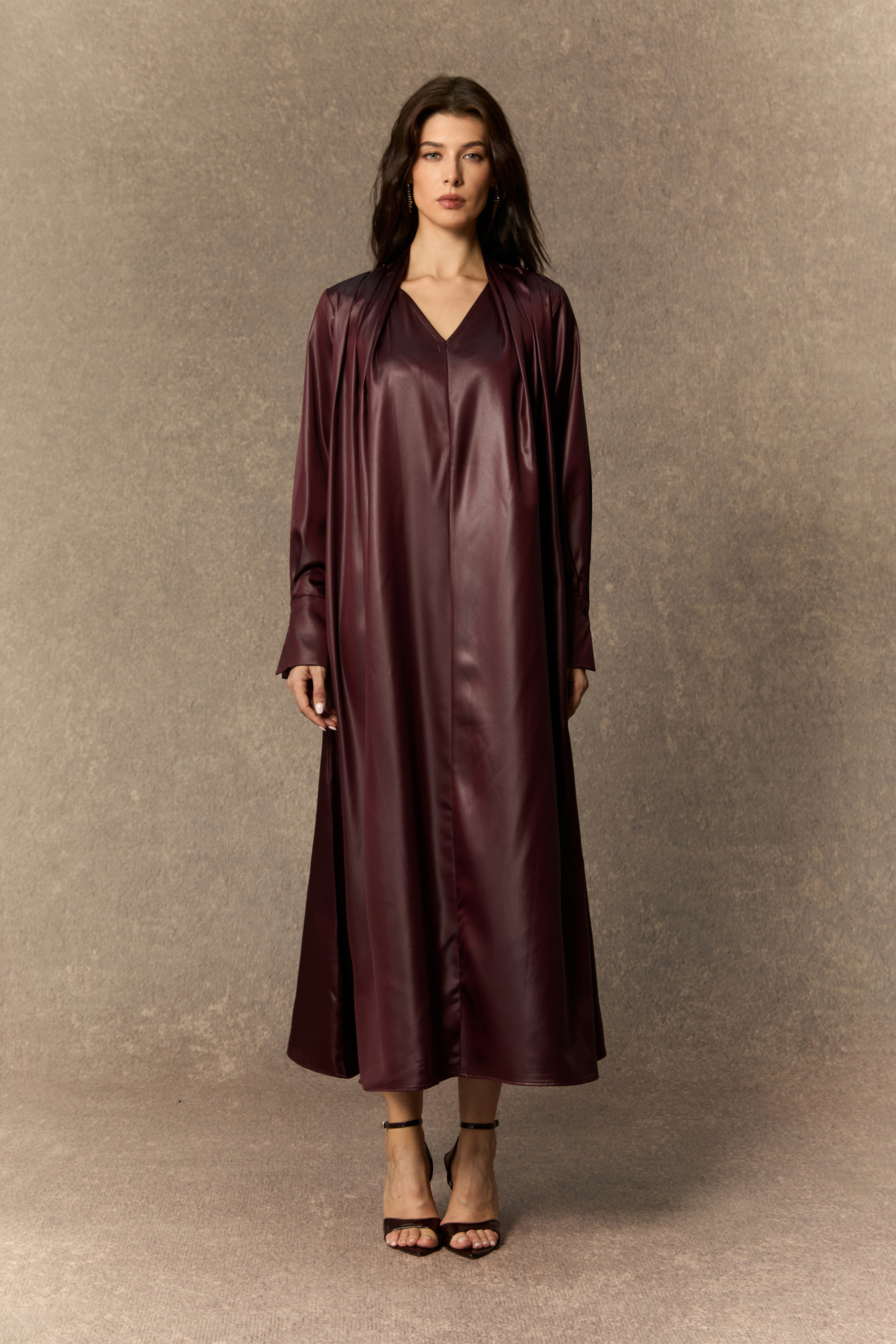 Luxe Lookbook Burgundy V‑Neck Faux Leather Midi Dress