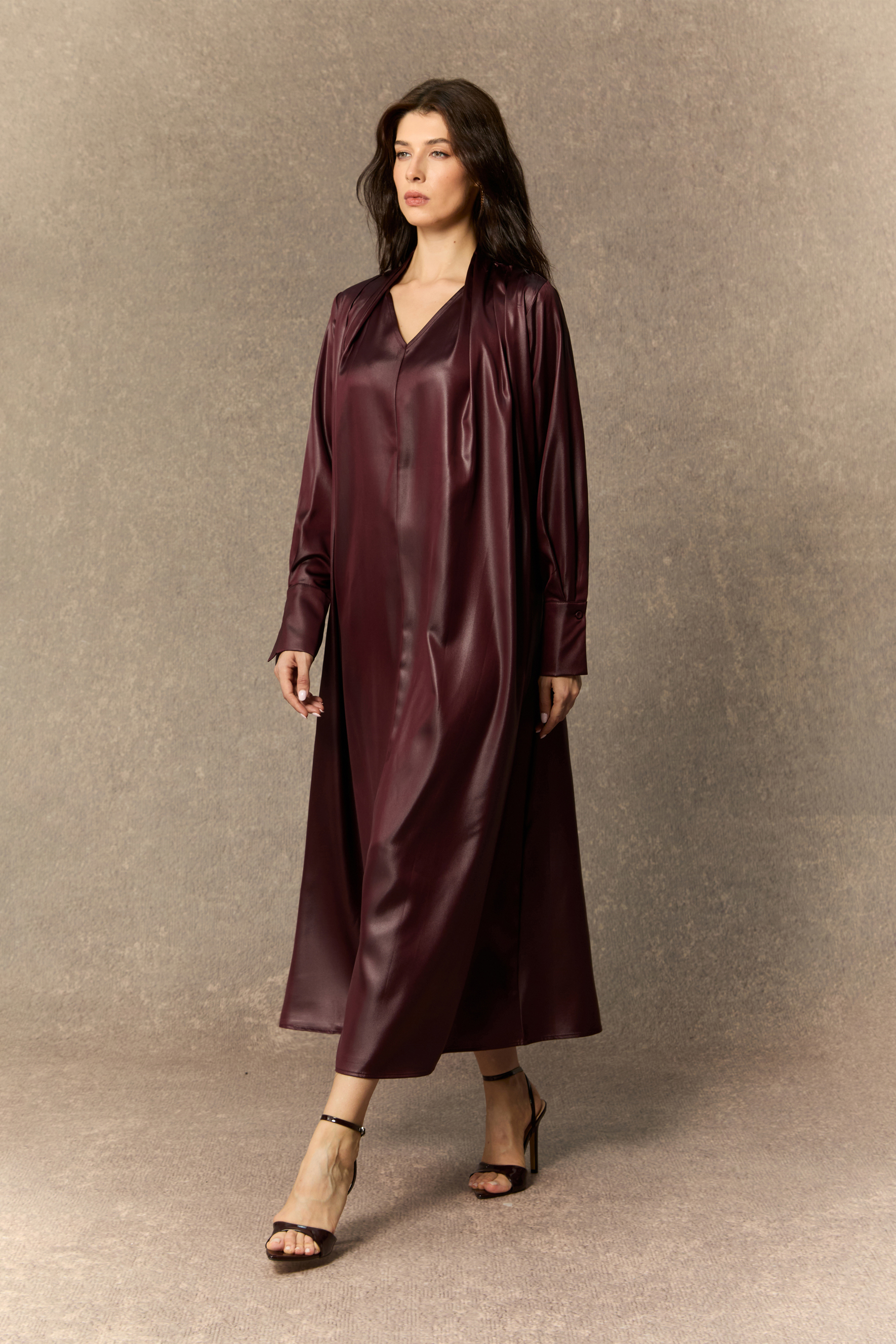 Luxe Lookbook Burgundy V‑Neck Faux Leather Midi Dress