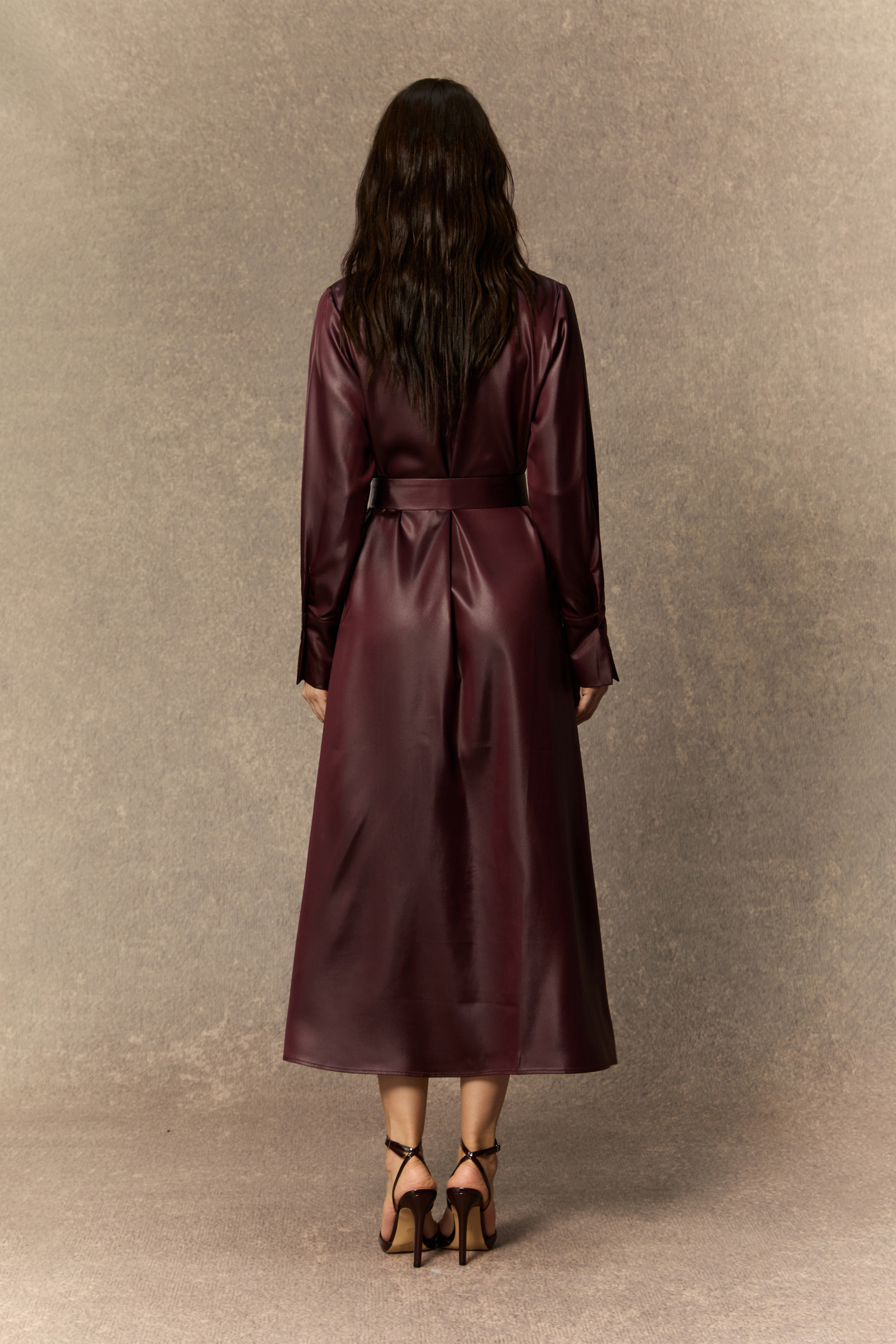 Luxe Lookbook Burgundy V‑Neck Faux Leather Midi Dress