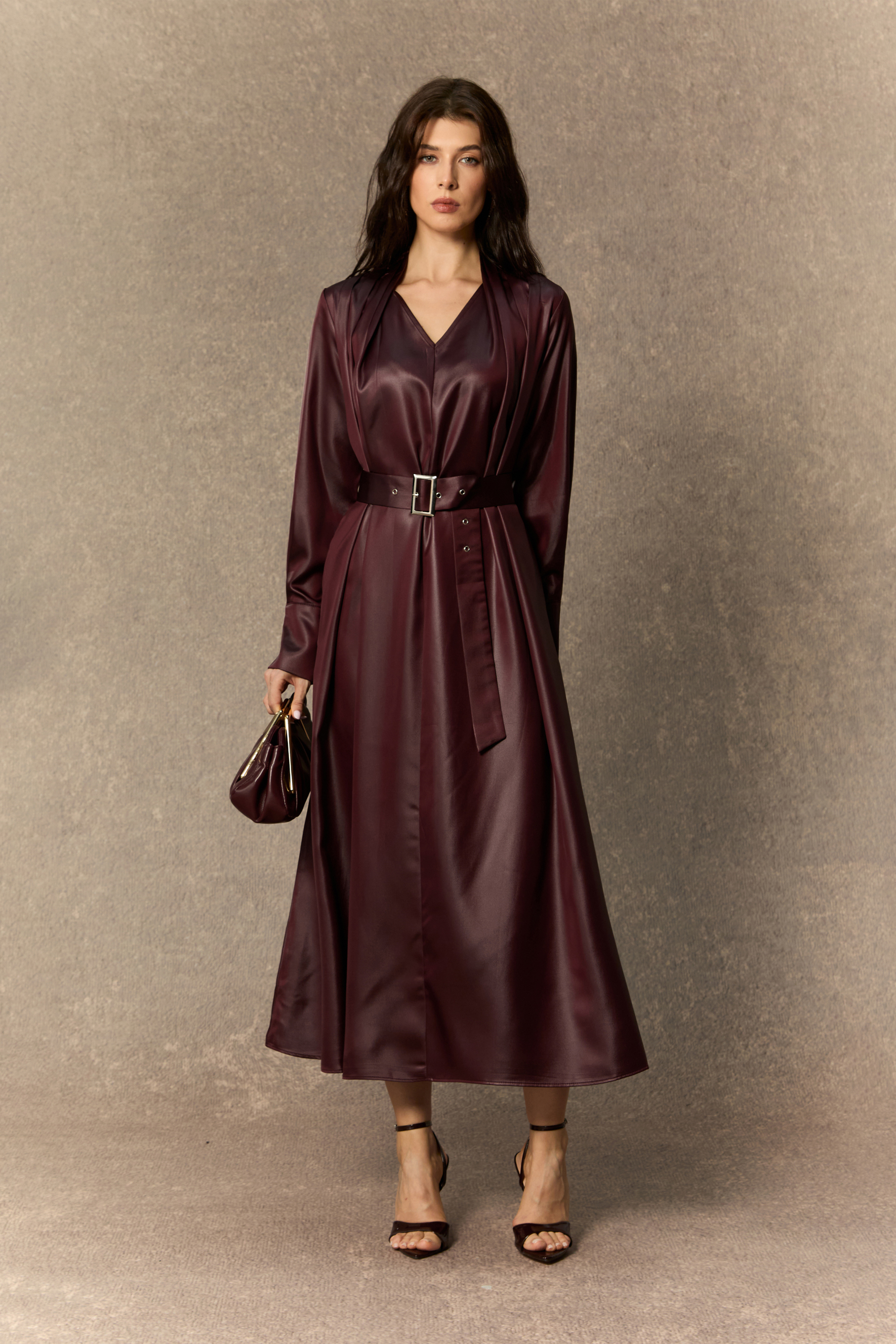 Luxe Lookbook Burgundy V‑Neck Faux Leather Midi Dress