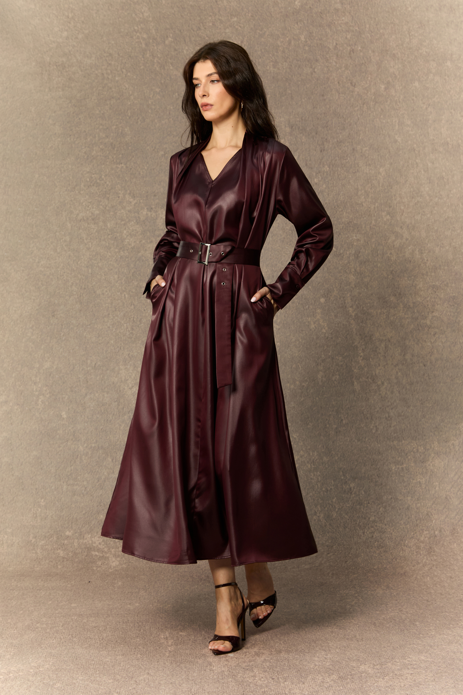 Luxe Lookbook Burgundy V‑Neck Faux Leather Midi Dress