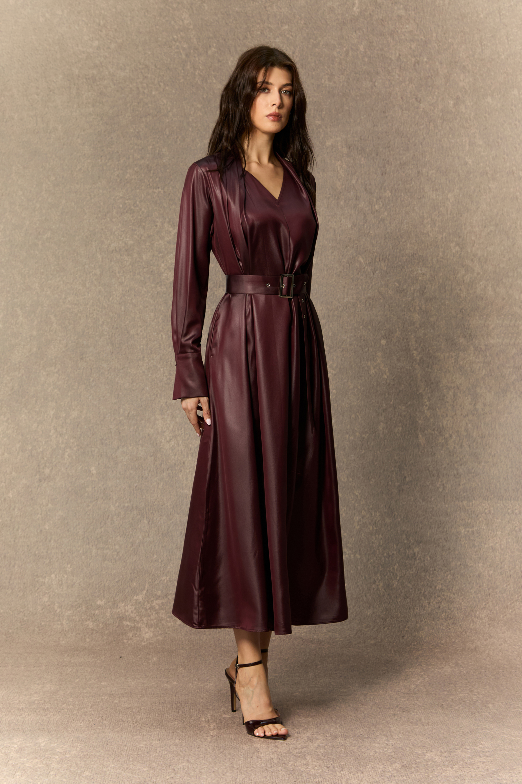 Luxe Lookbook Burgundy V‑Neck Faux Leather Midi Dress