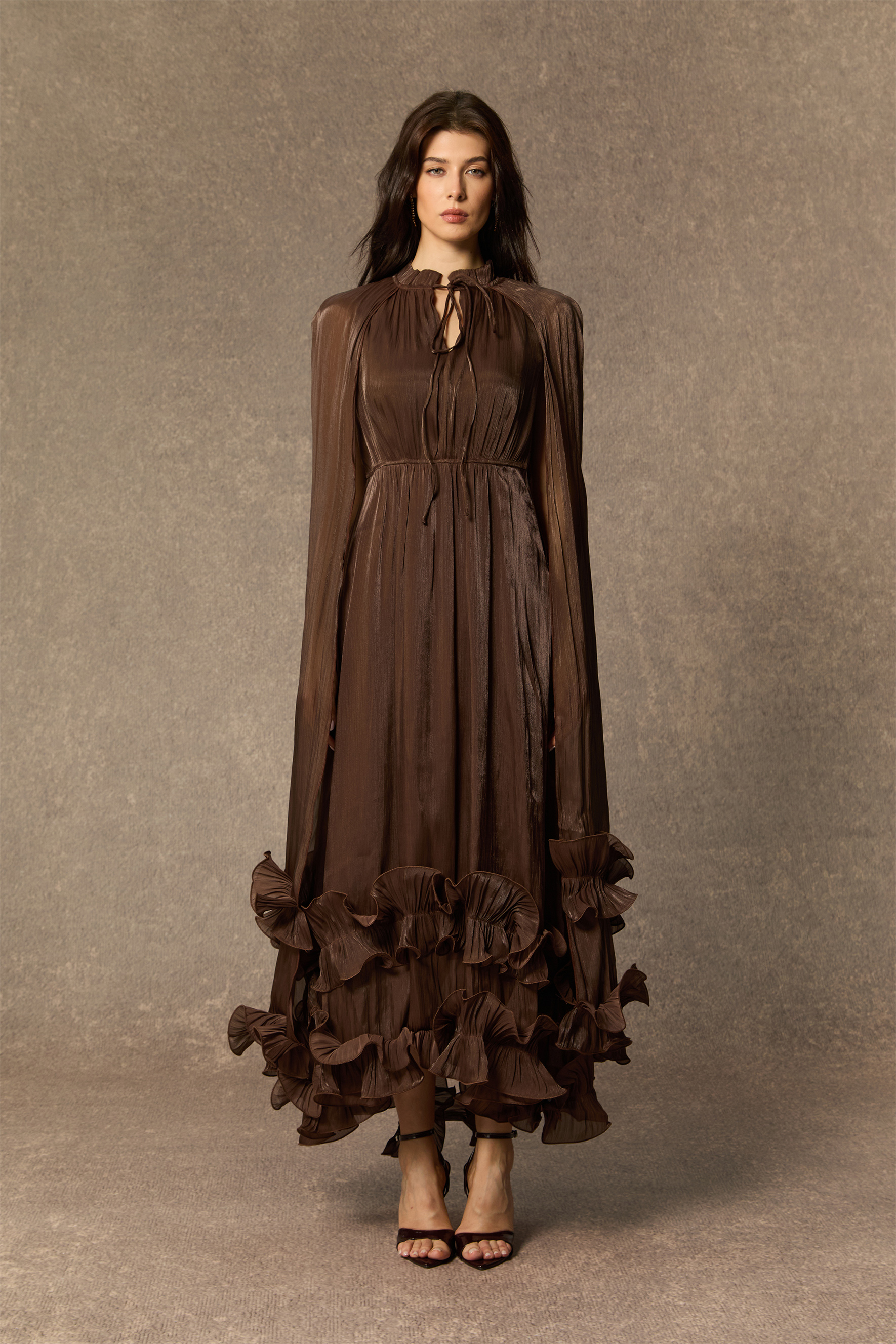 Shirley Ruffled Midi Dress | Tiered Cape Style - sunfere