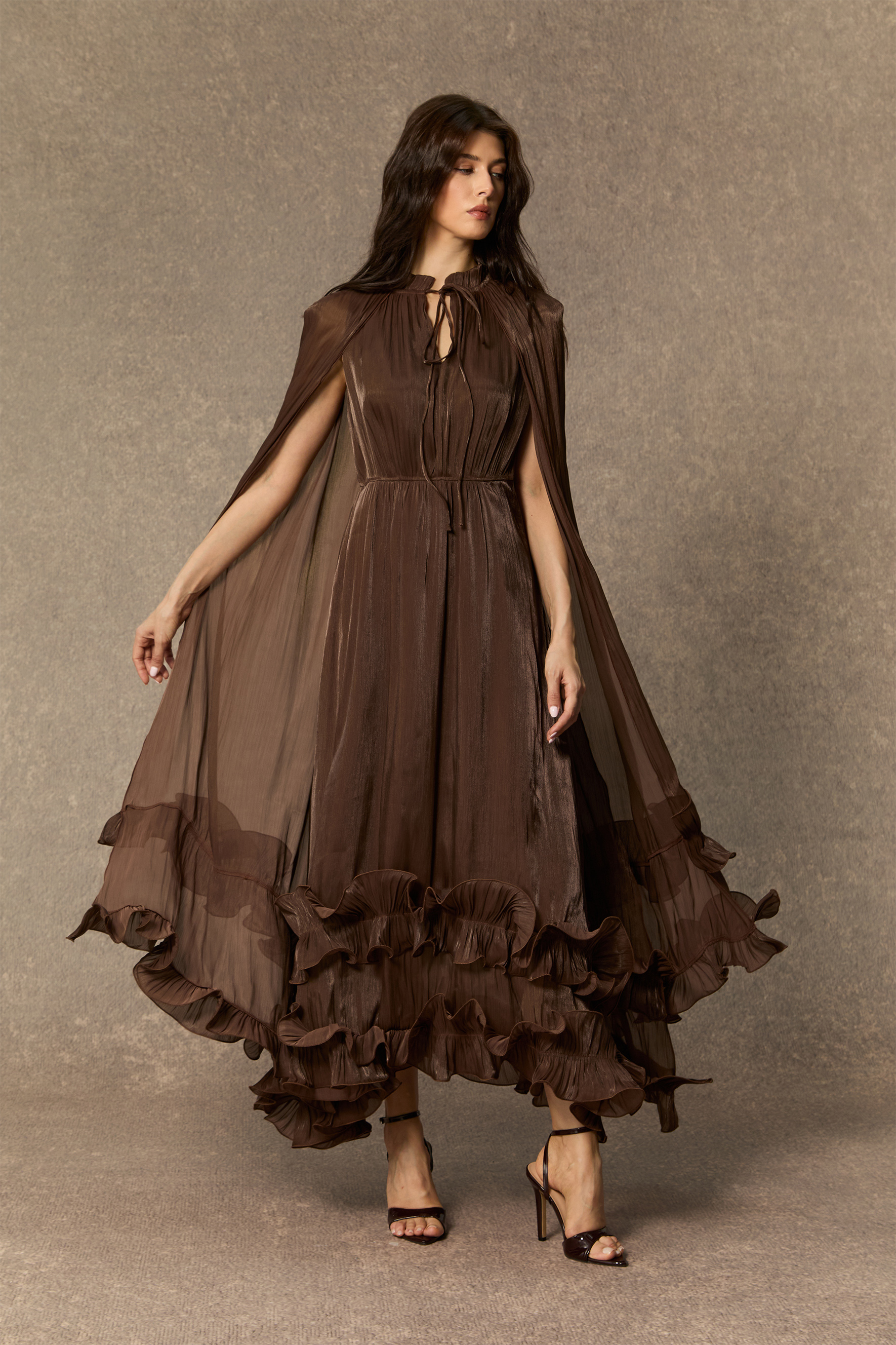 Shirley Cape-effect Ruffled Midi Dress