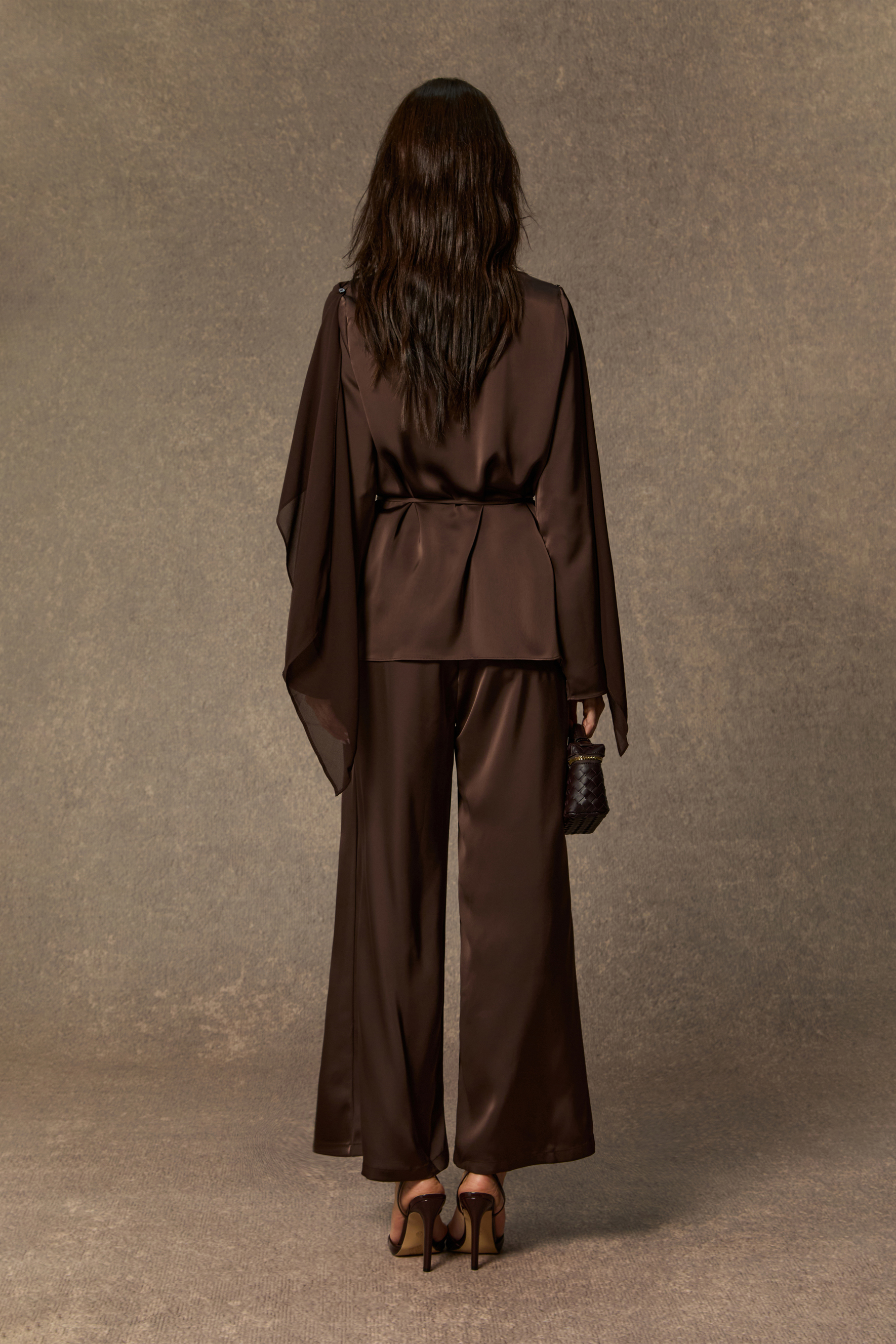 Brilliant Belle Brown Draped Cape Top & Wide Leg Pants Set