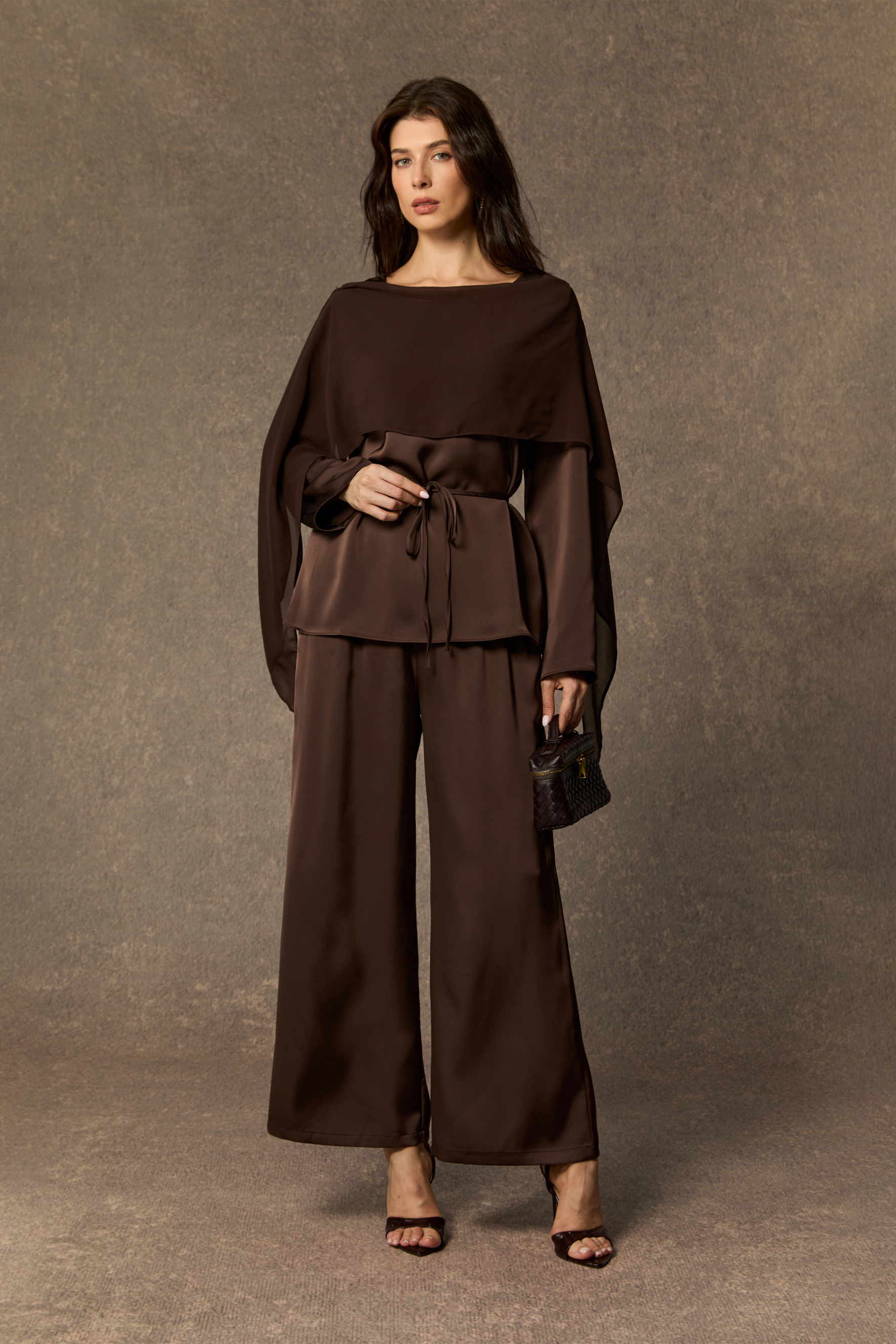 Brilliant Belle Brown Draped Cape Top & Wide Leg Pants Set