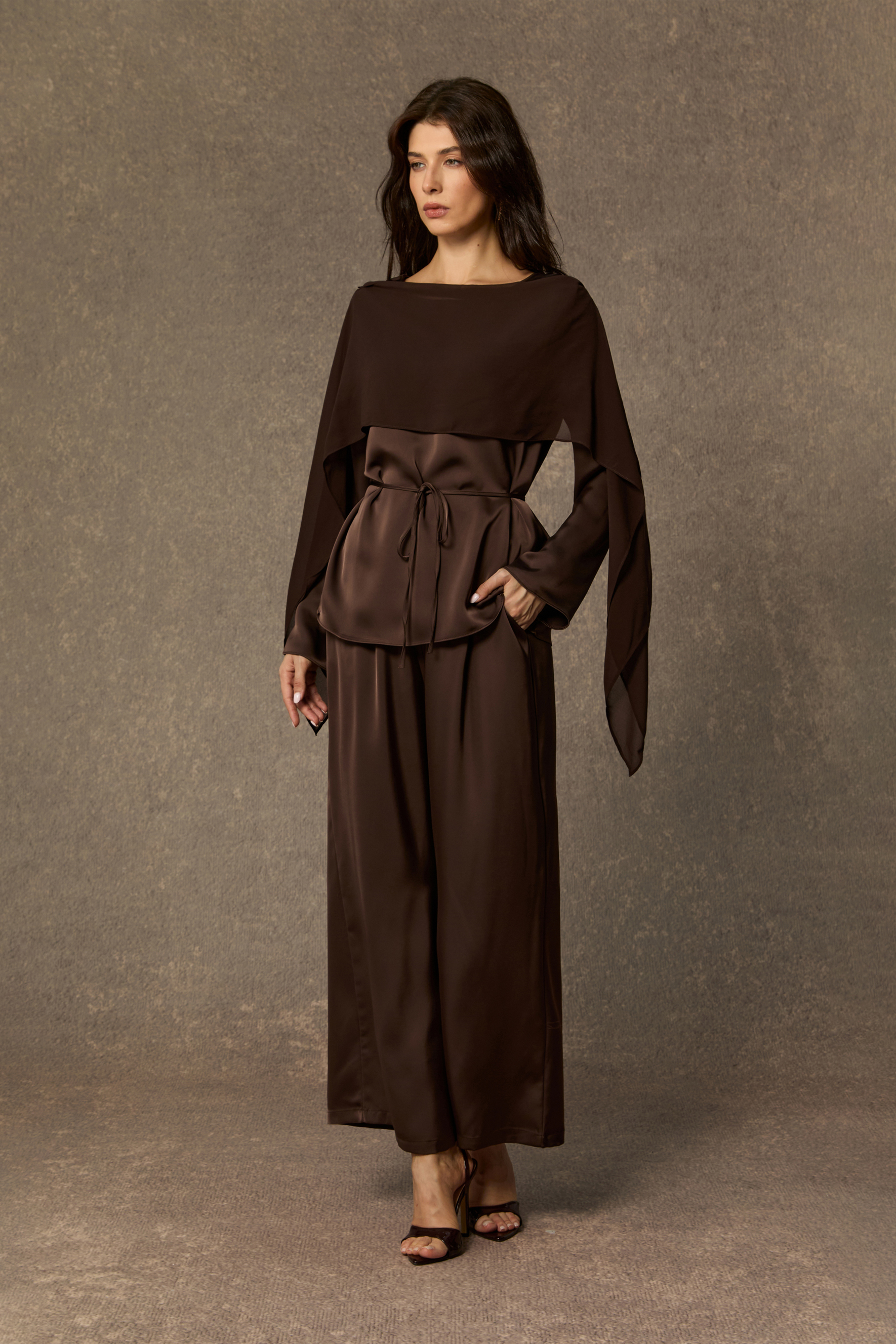 Brilliant Belle Brown Draped Cape Top & Wide Leg Pants Set