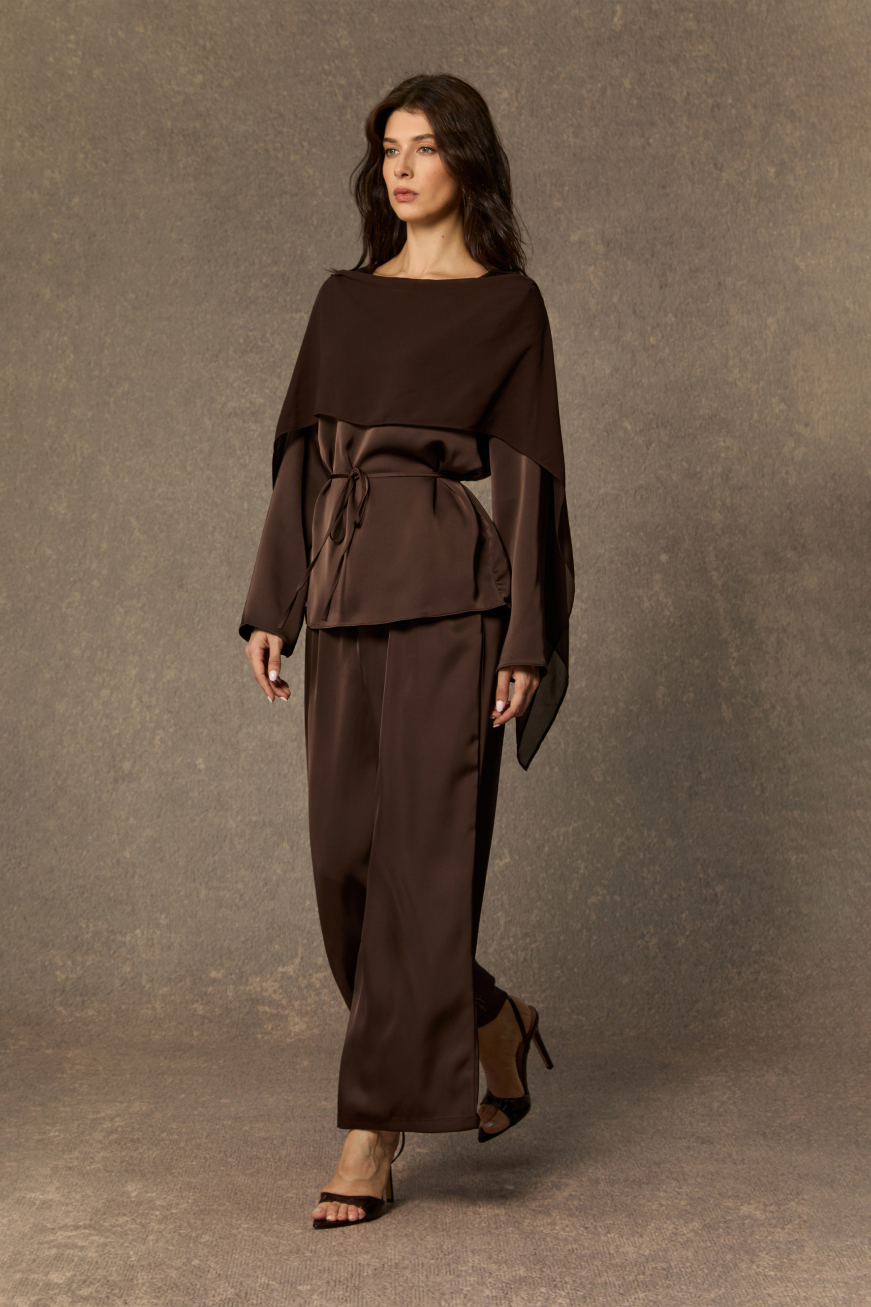Brilliant Belle Brown Draped Cape Top & Wide Leg Pants Set