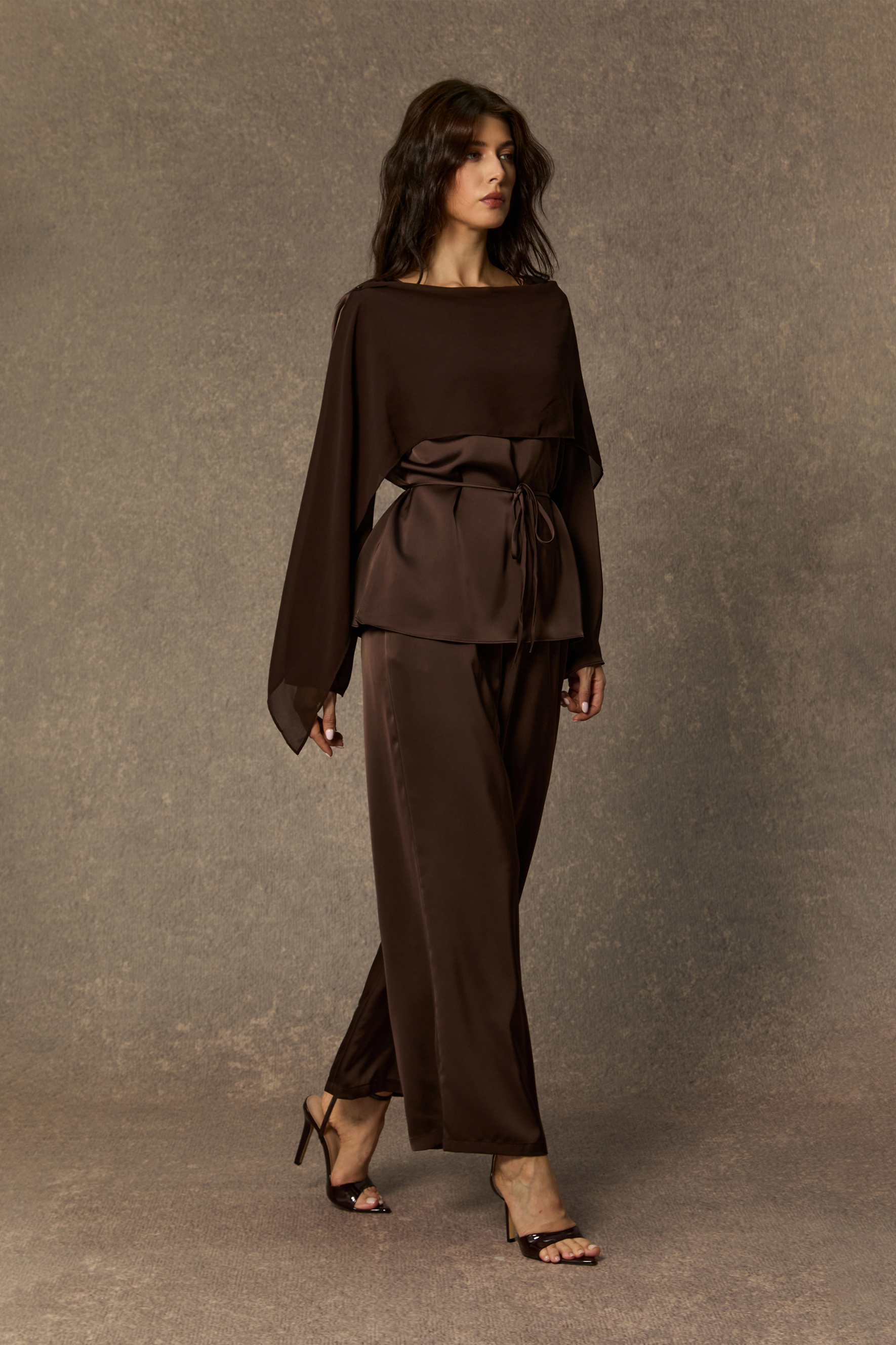 Brilliant Belle Brown Draped Cape Top & Wide Leg Pants Set