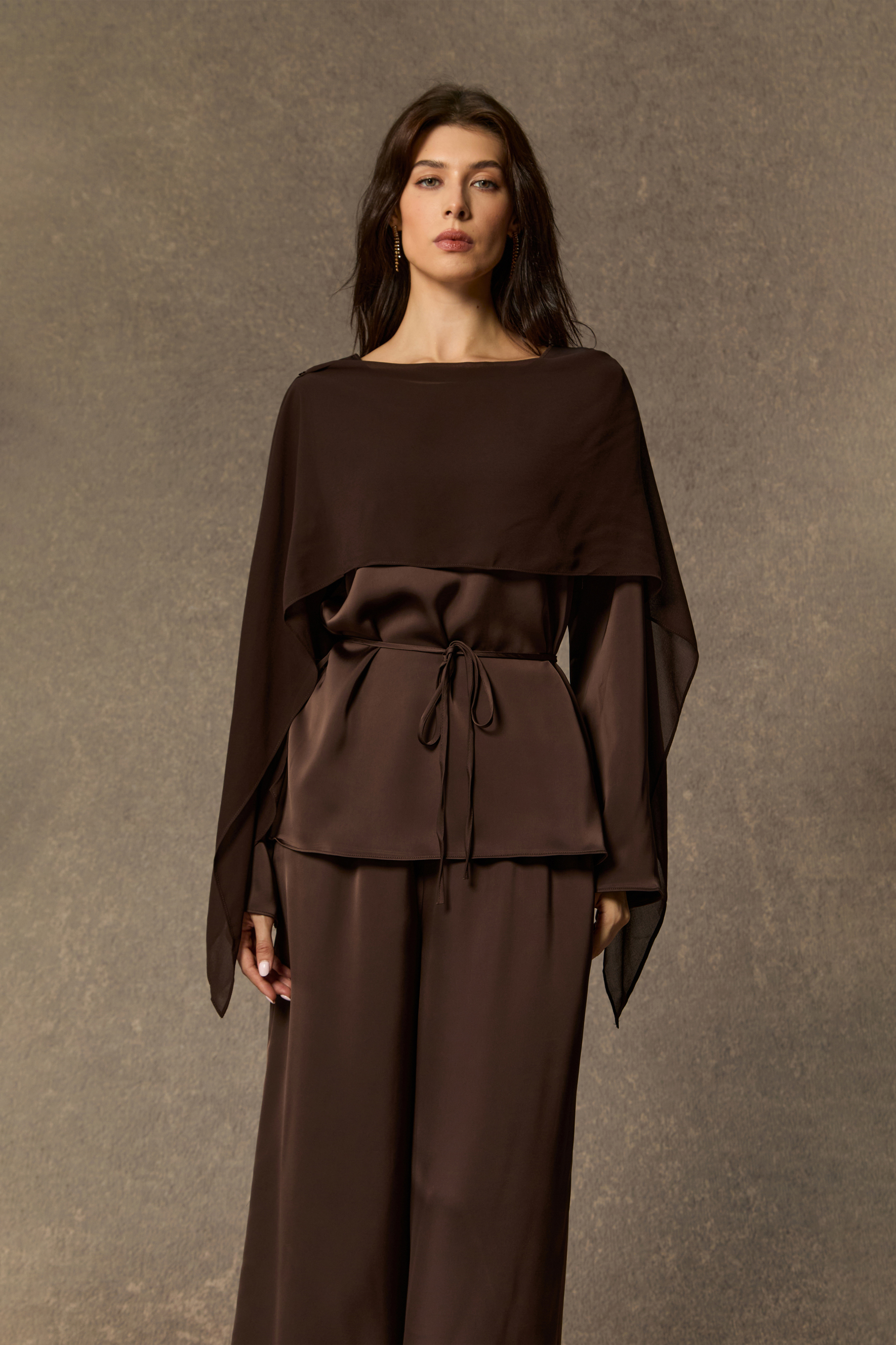 Brilliant Belle Brown Draped Cape Top & Wide Leg Pants Set