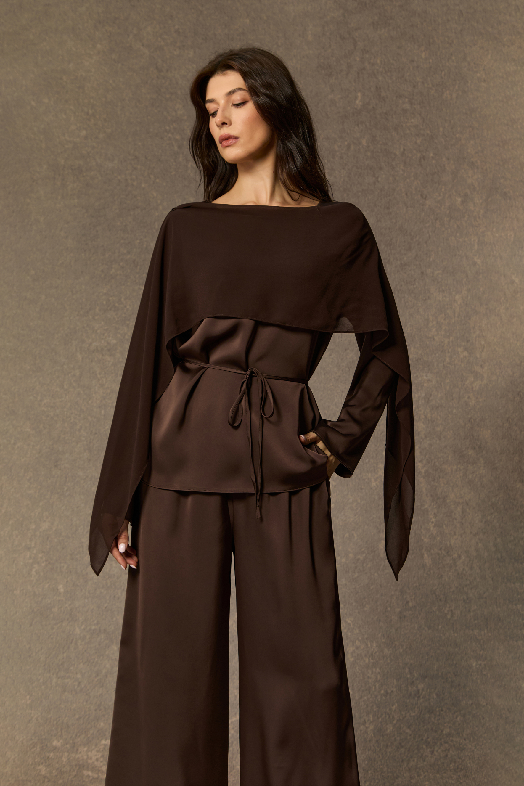 Brilliant Belle Brown Draped Cape Top & Wide Leg Pants Set