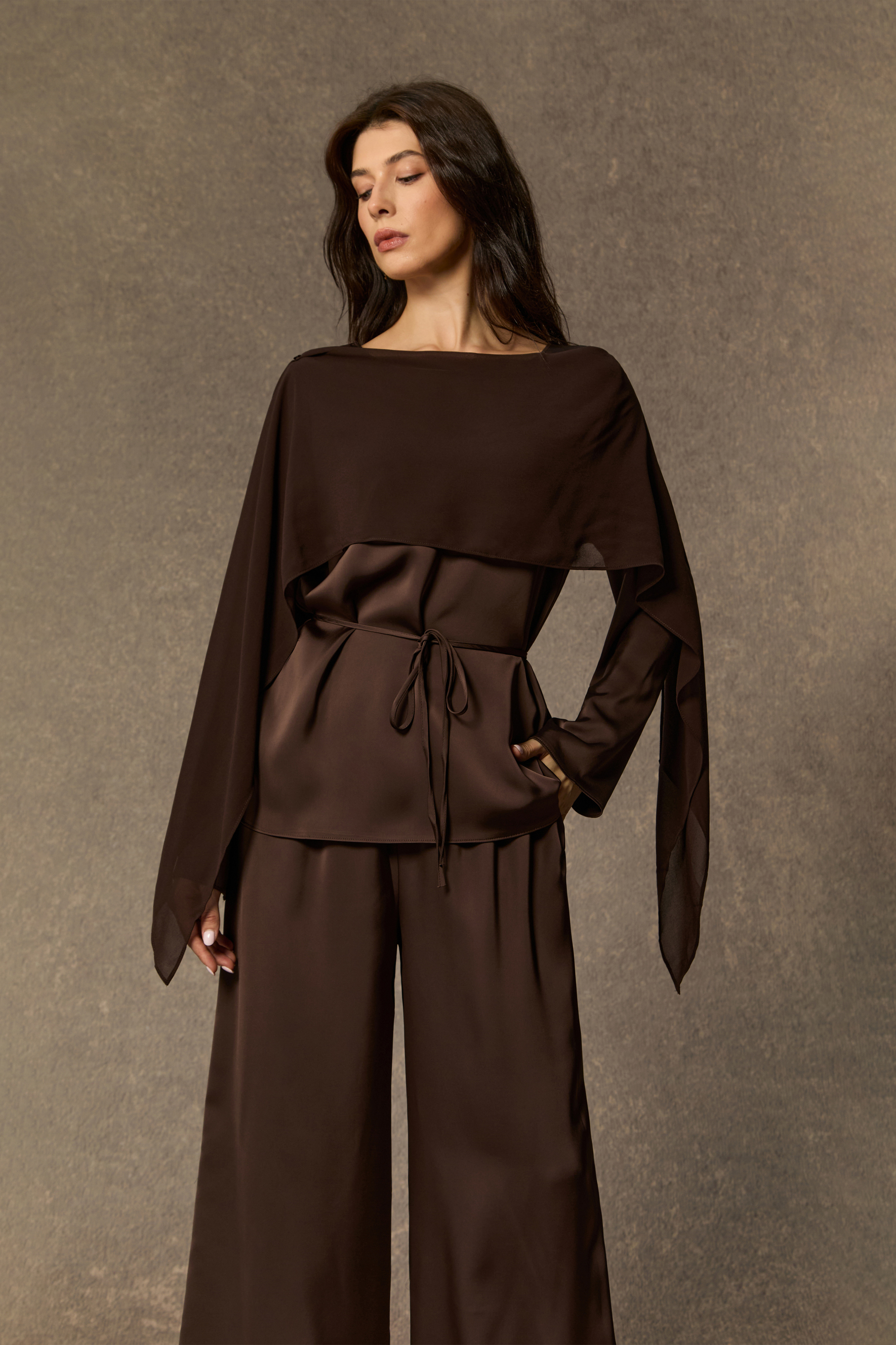 Brilliant Belle Brown Draped Cape Top & Wide Leg Pants Set