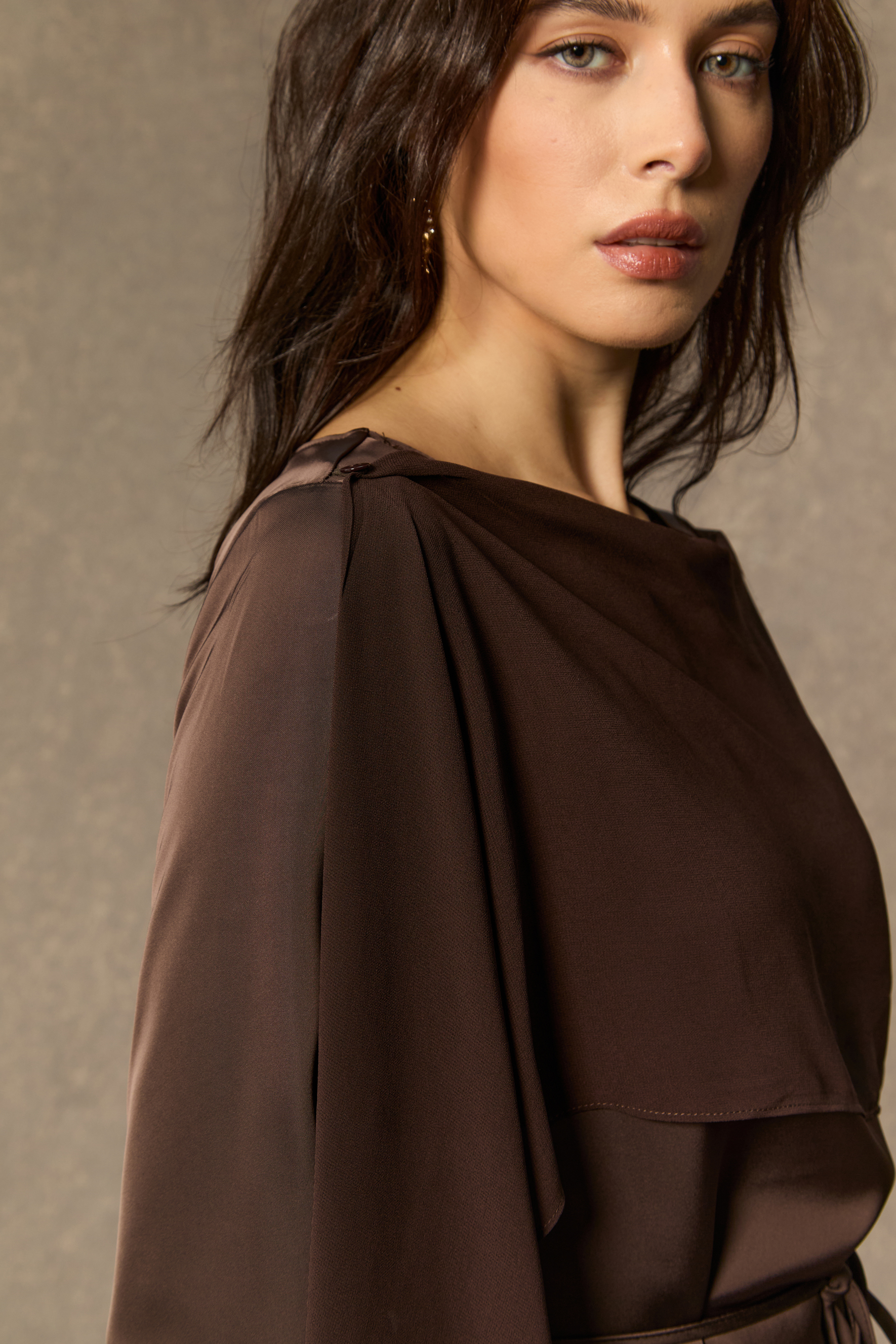 Brilliant Belle Brown Draped Cape Top & Wide Leg Pants Set