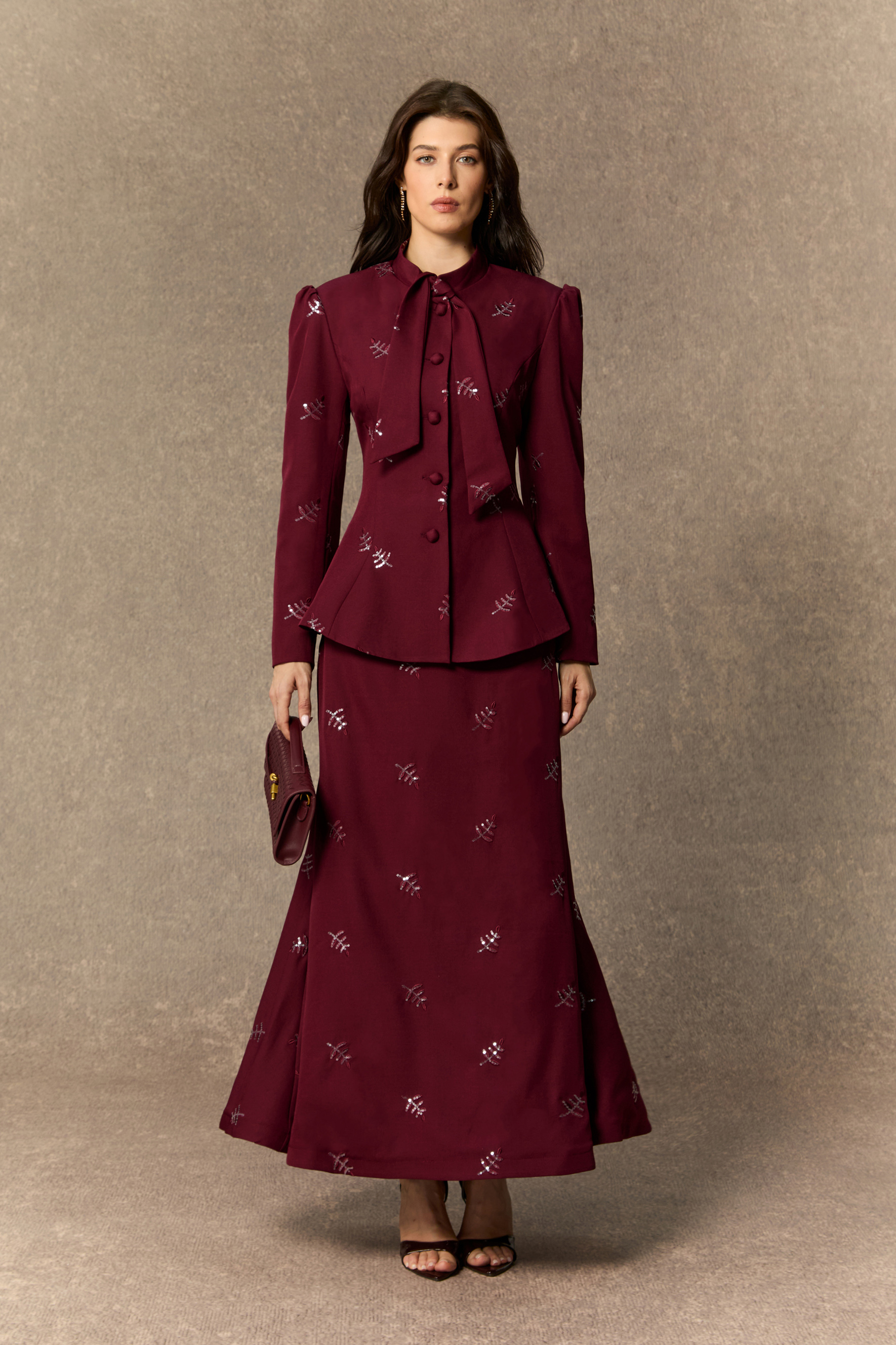 Starlit Elegance Burgundy Embellished Bow Neck Top & Skirt Set