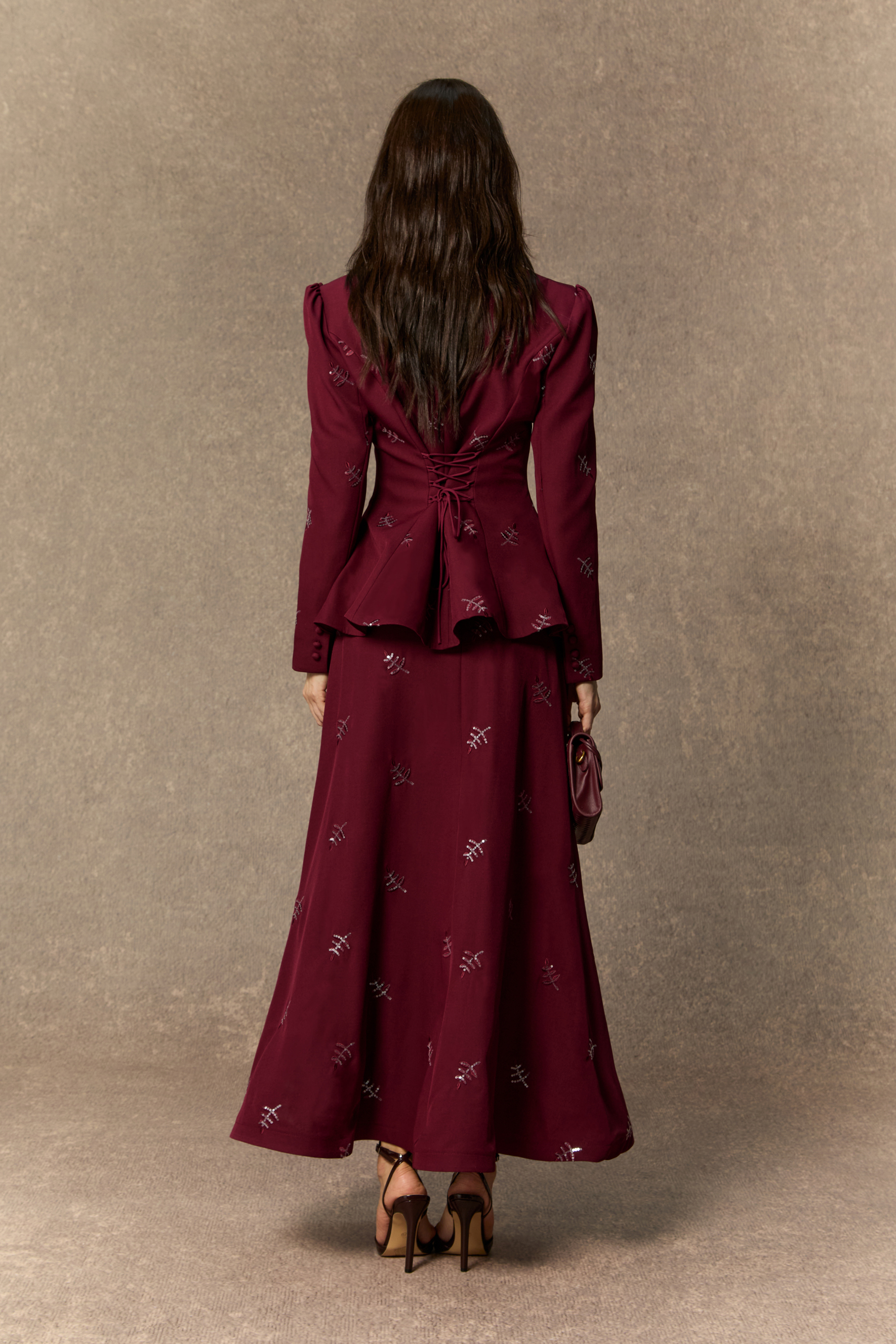 Starlit Elegance Burgundy Embellished Bow Neck Top & Skirt Set