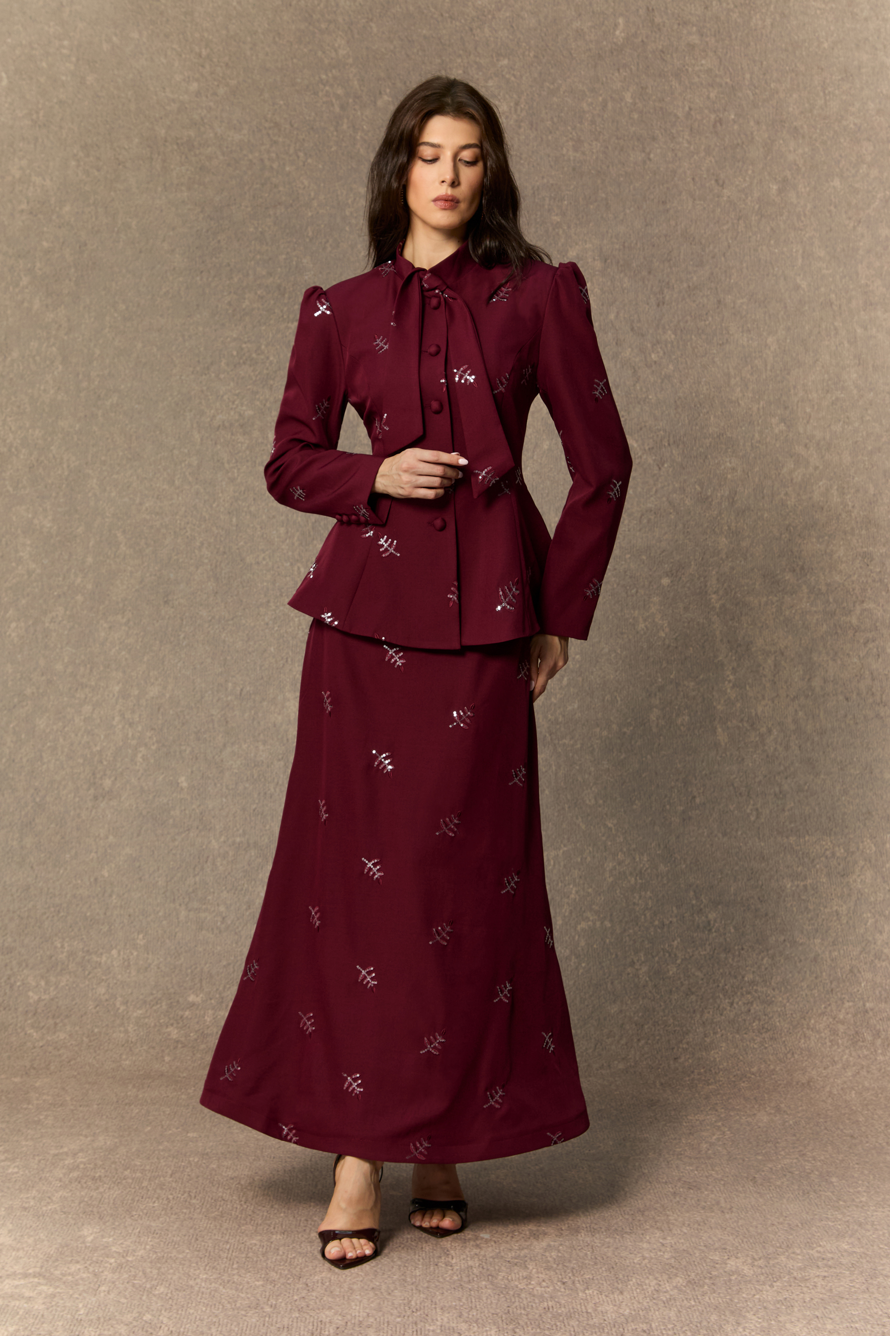Starlit Elegance Burgundy Embellished Bow Neck Top & Skirt Set