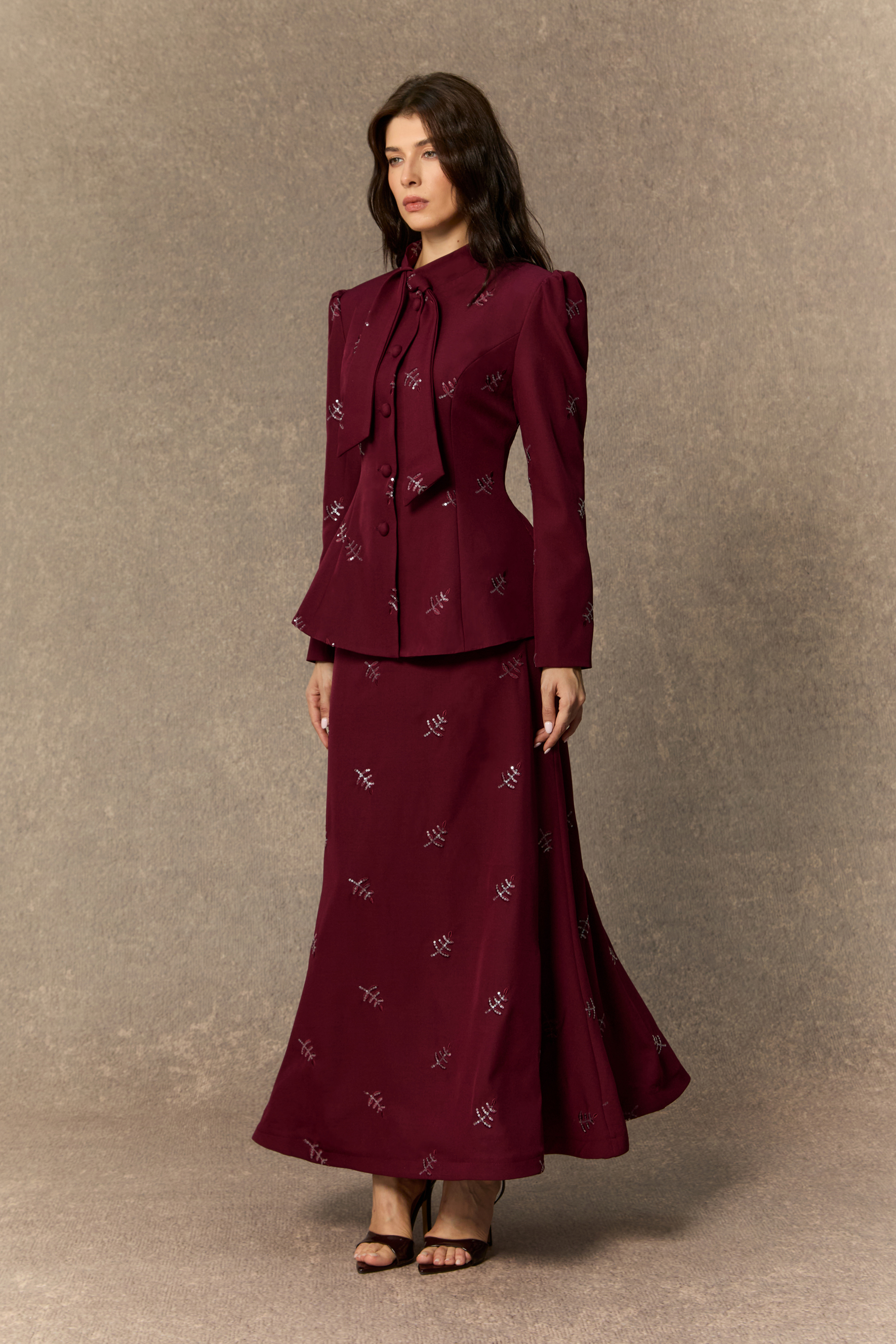 Starlit Elegance Burgundy Embellished Bow Neck Top & Skirt Set