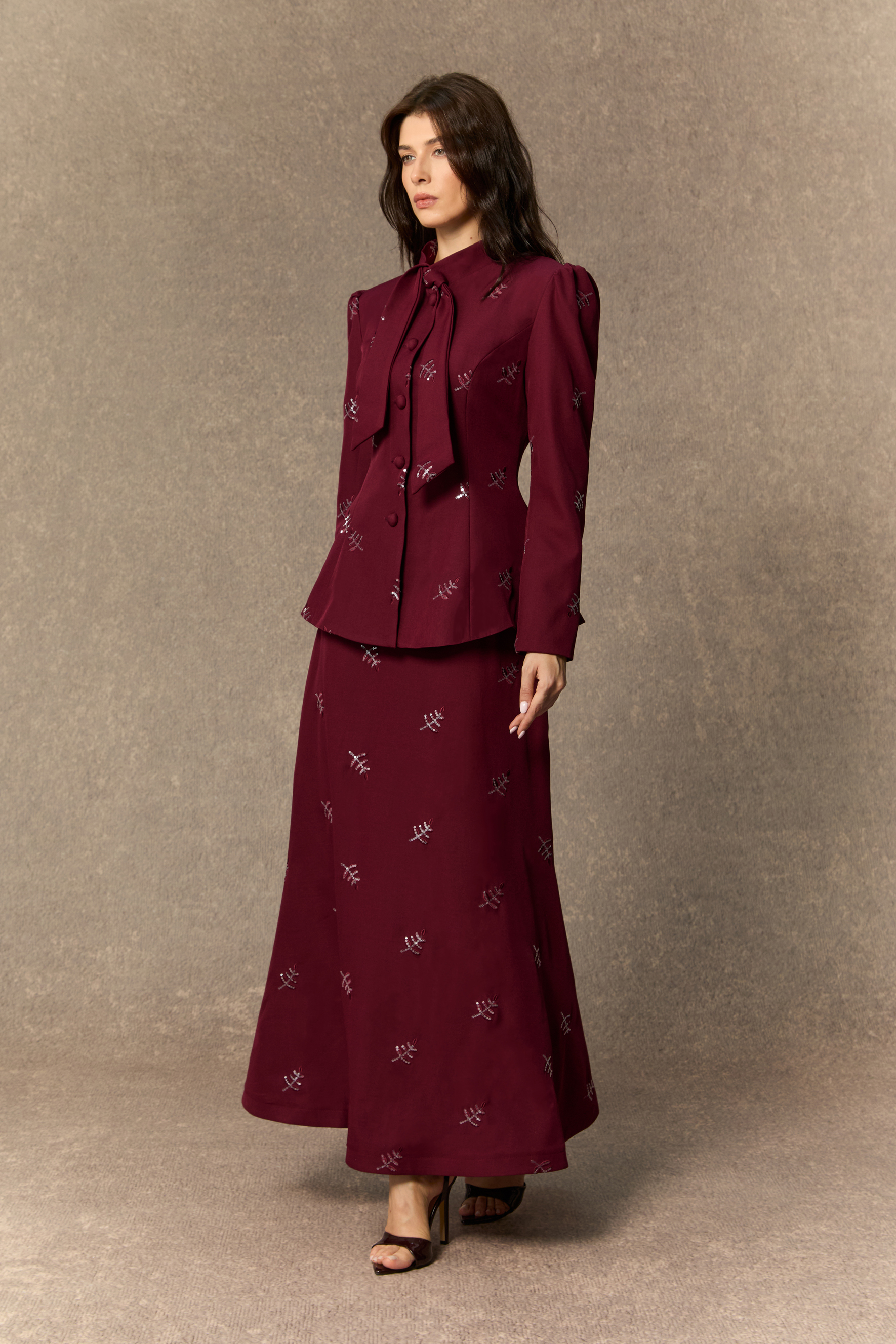 Starlit Elegance Burgundy Embellished Bow Neck Top & Skirt Set