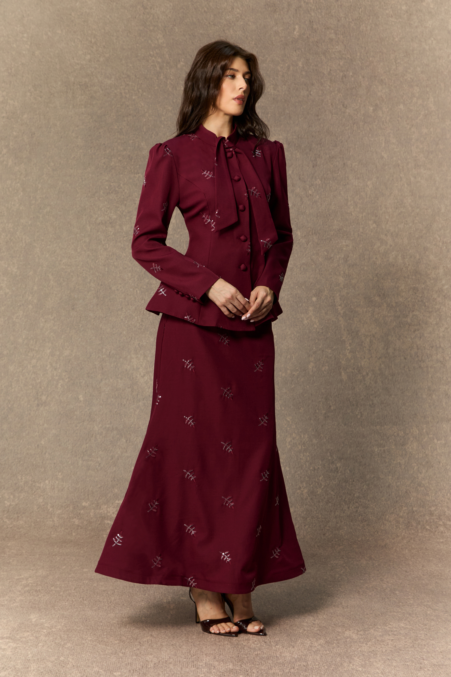 Starlit Elegance Burgundy Embellished Bow Neck Top & Skirt Set