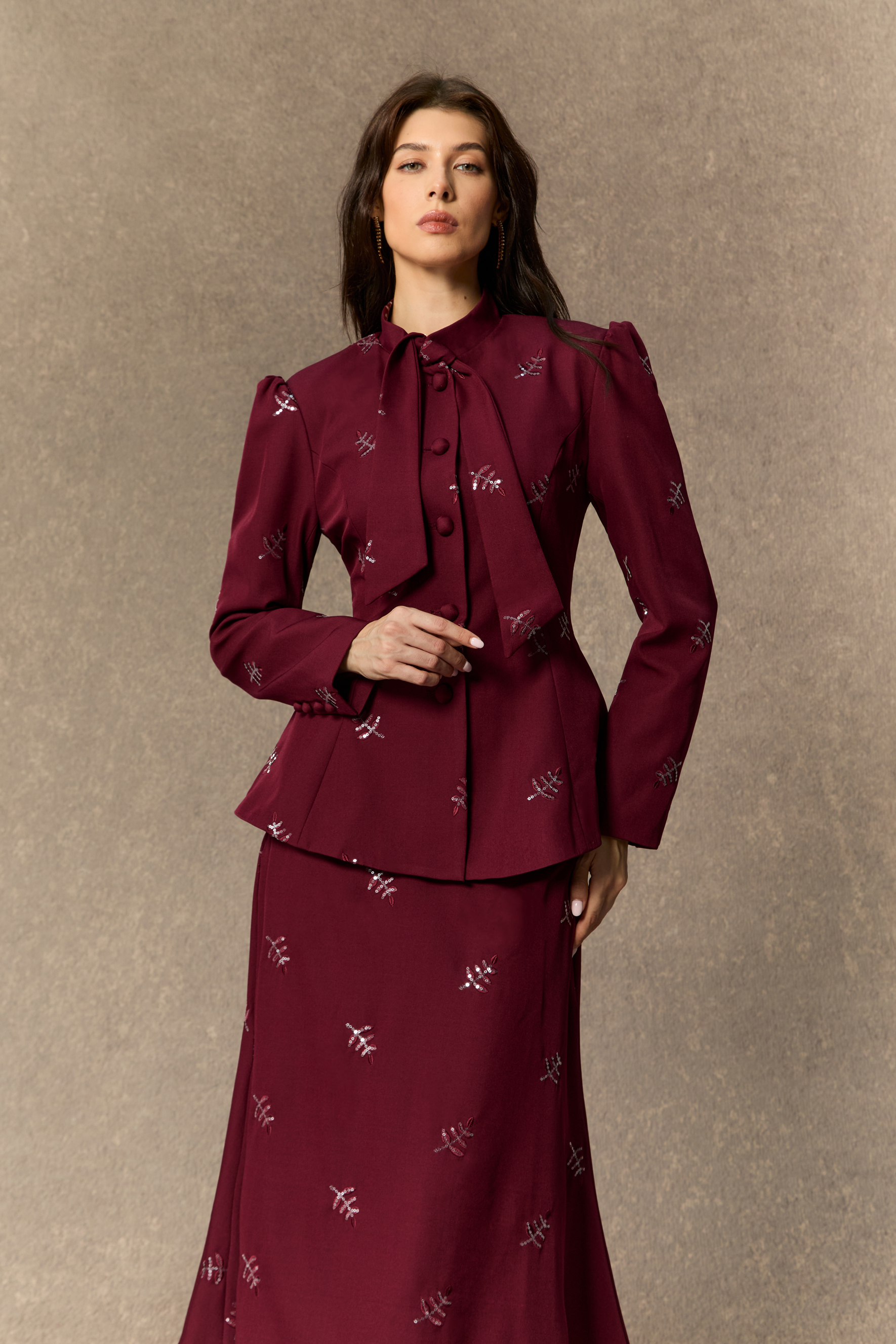 Starlit Elegance Burgundy Embellished Bow Neck Top & Skirt Set