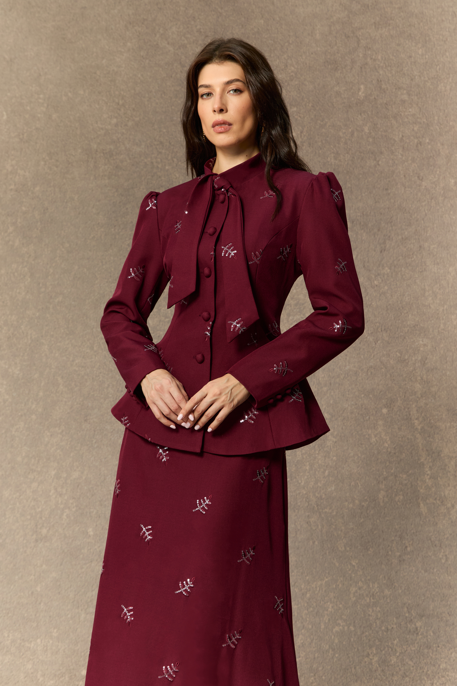 Starlit Elegance Burgundy Embellished Bow Neck Top & Skirt Set